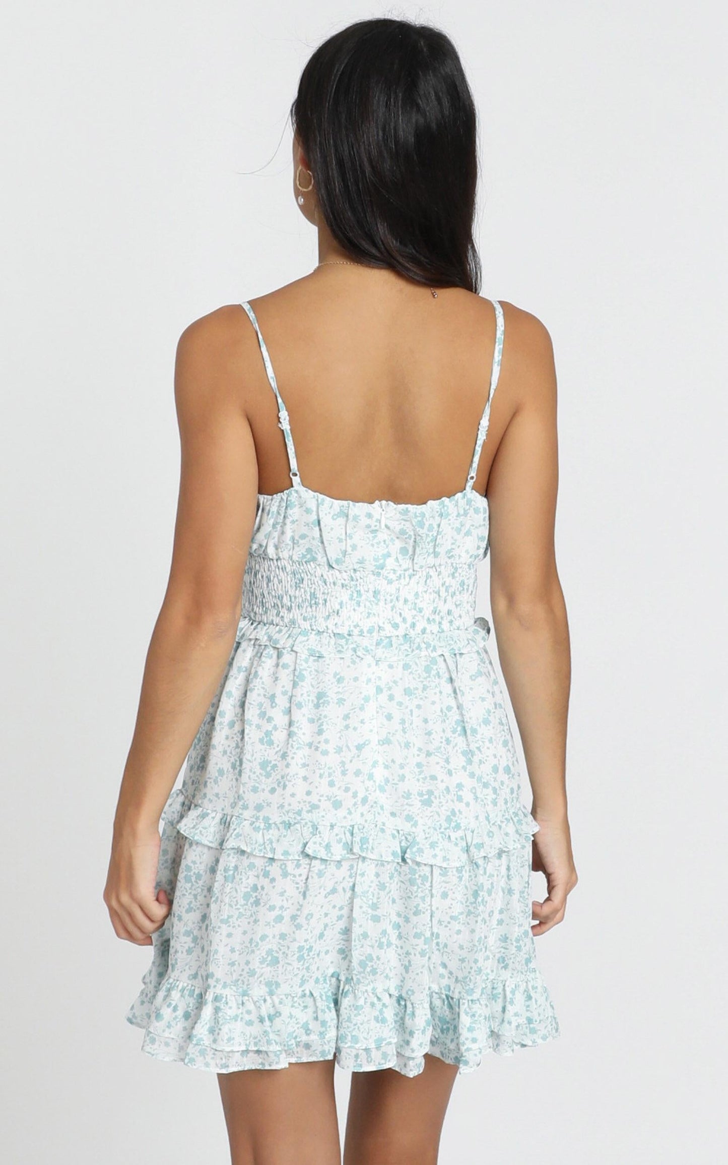 Felicia Shirred Waist Mini Dress In Sage Floral