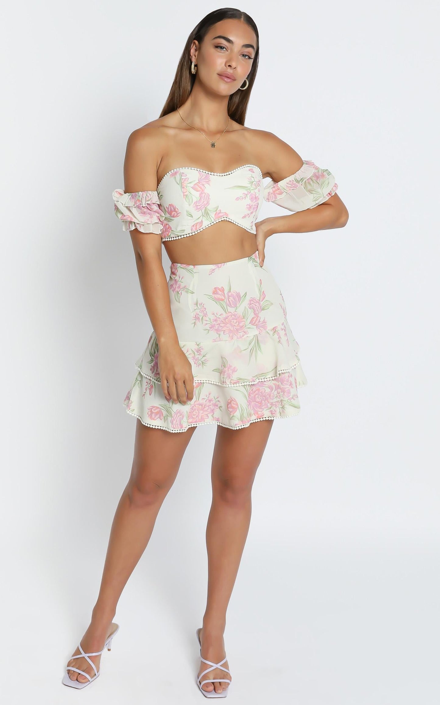 Final Resort Two Piece Ruffle Sleeve Mini Set in Cream Floral