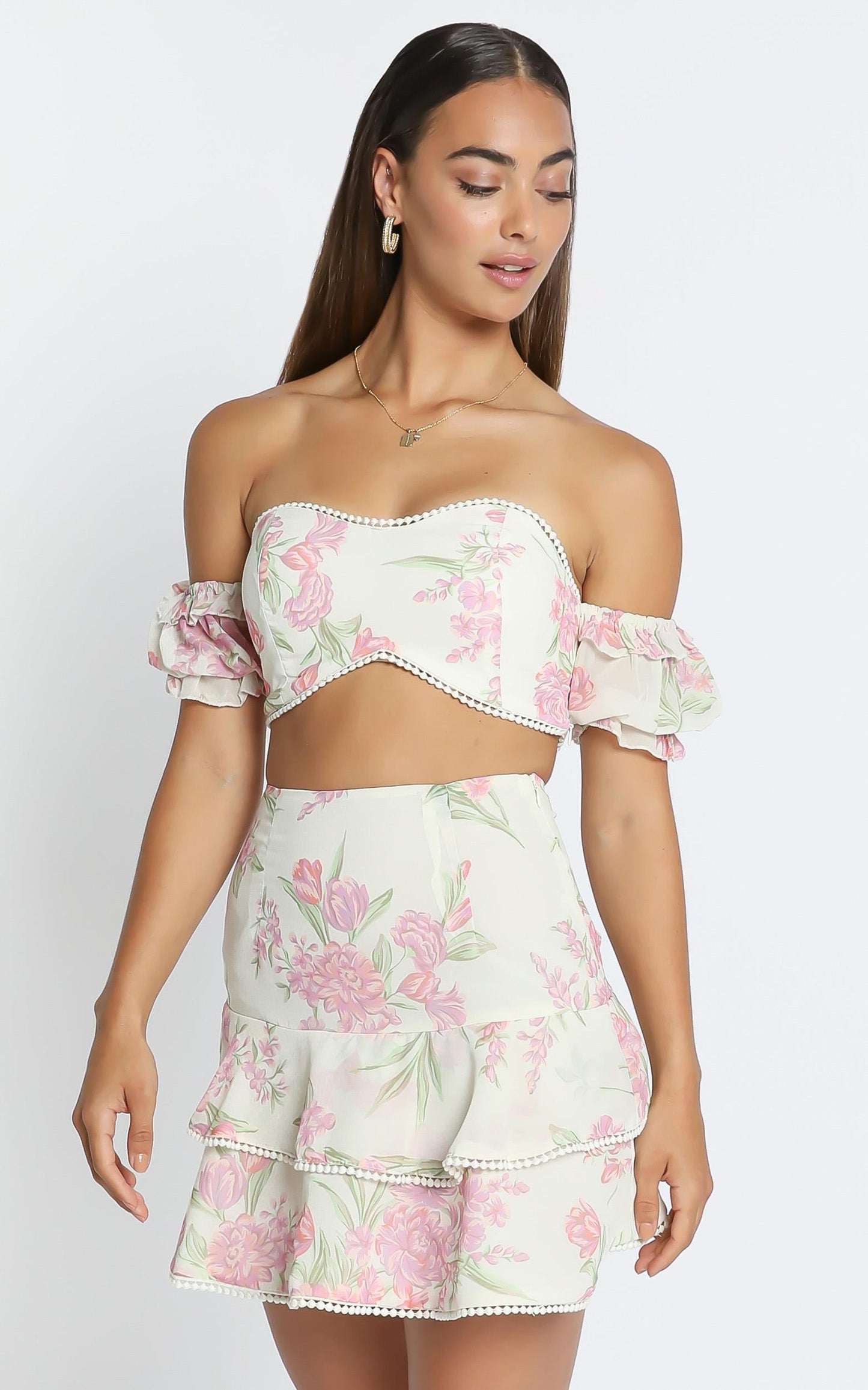 Final Resort Two Piece Ruffle Sleeve Mini Set in Cream Floral
