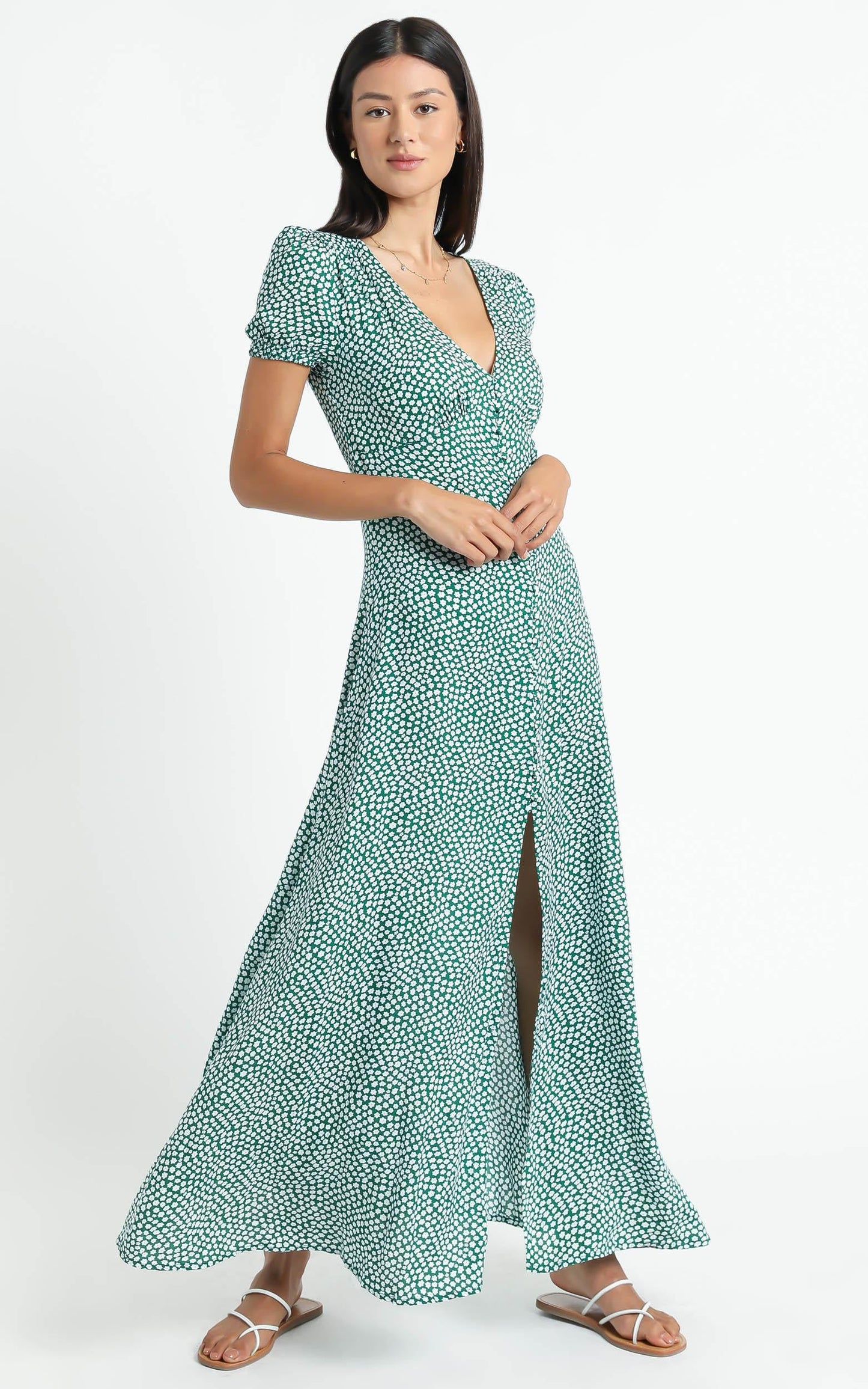 Flaming Hot Button Up V Neck Maxi Dress in Green Floral