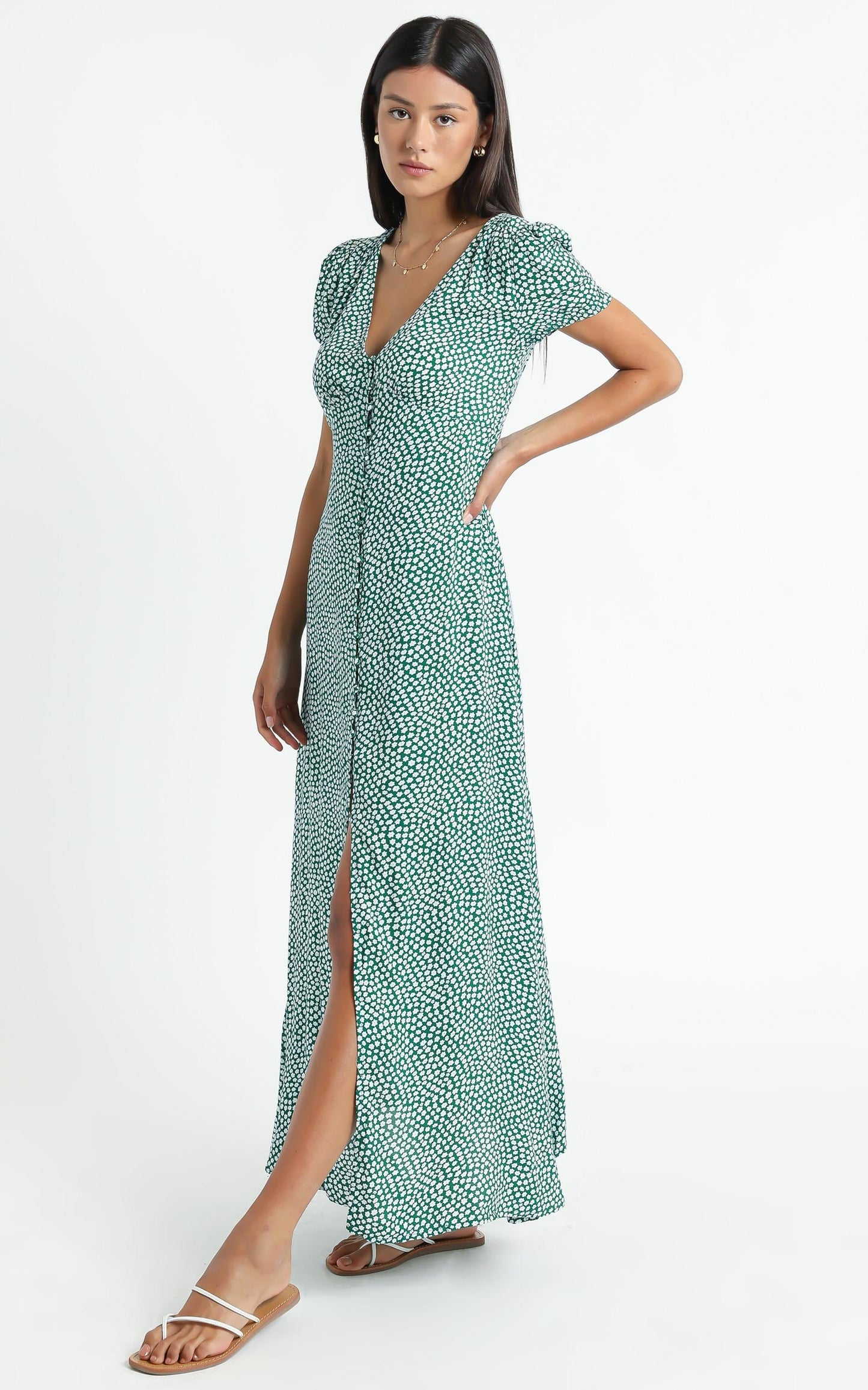 Flaming Hot Button Up V Neck Maxi Dress in Green Floral