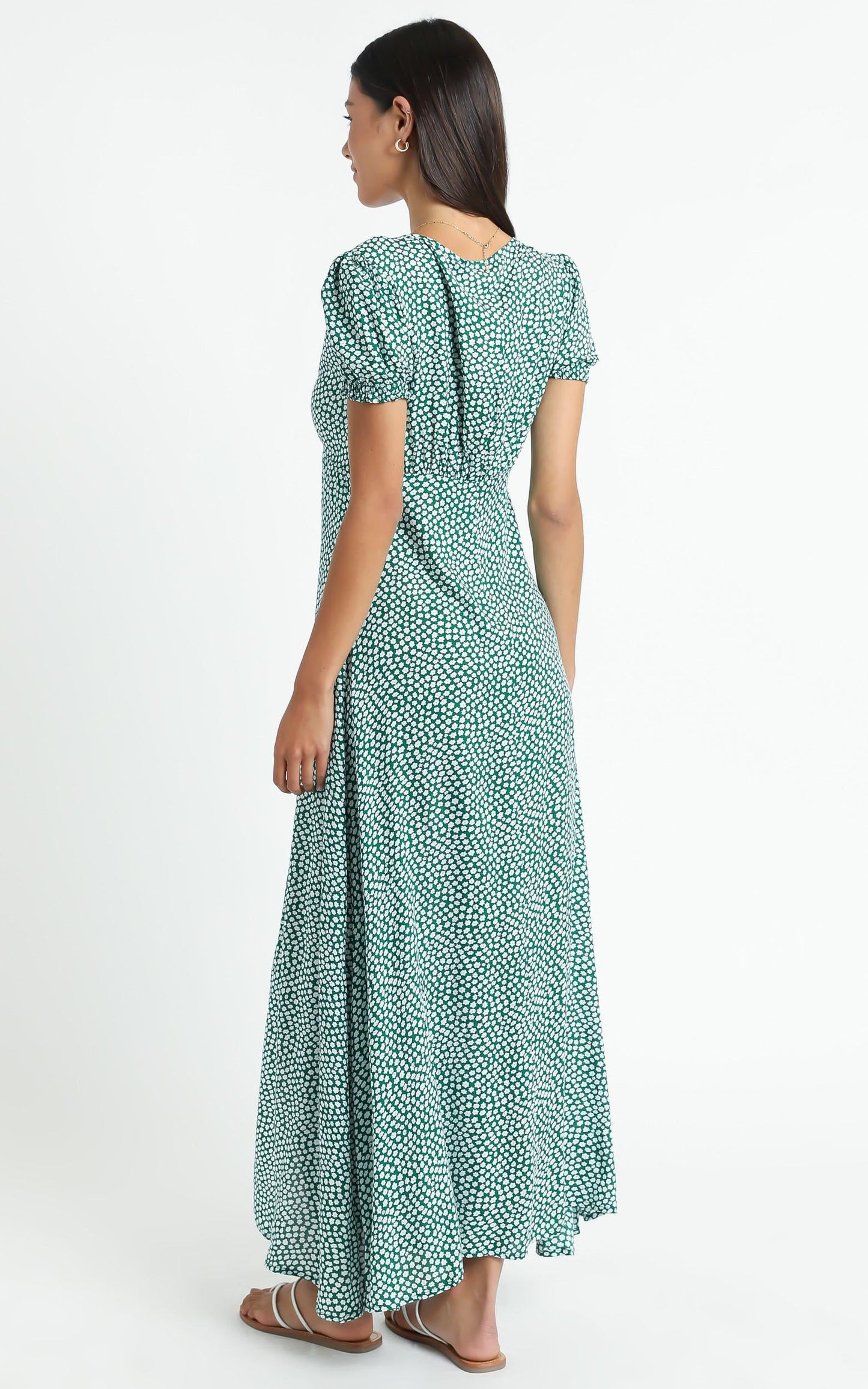 Flaming Hot Button Up V Neck Maxi Dress in Green Floral
