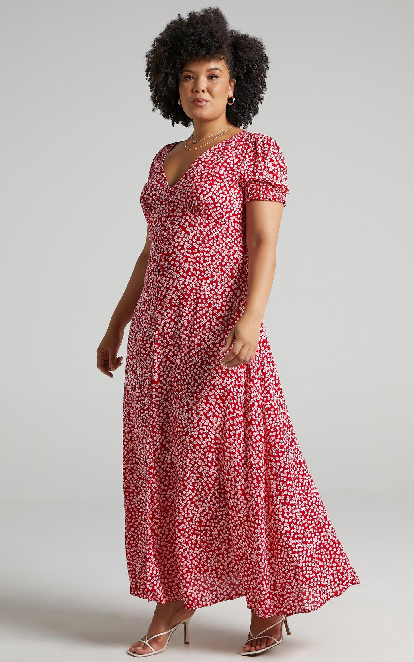 Flaming Hot Button Up V Neck Maxi Dress in Red Floral