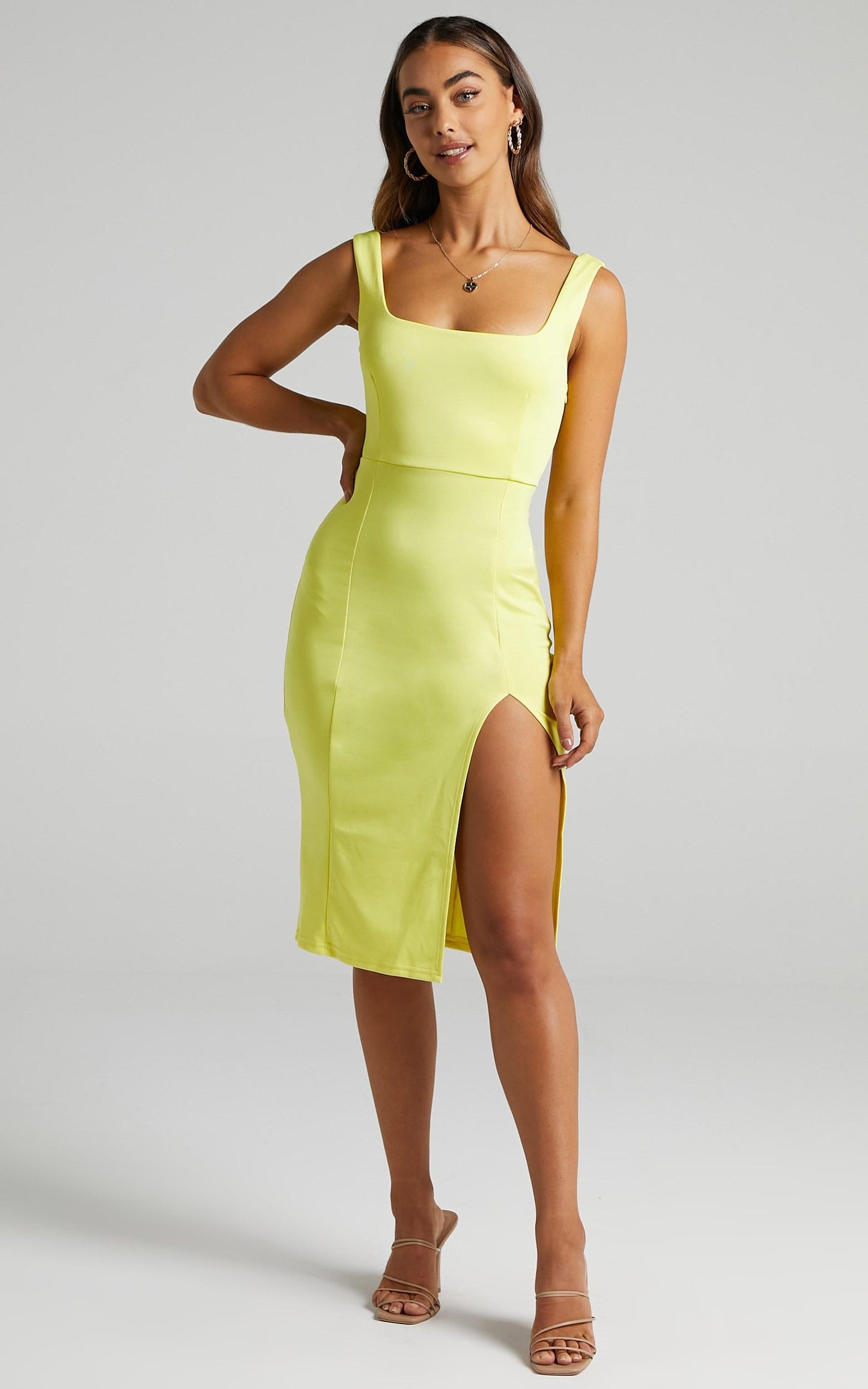 Mini Love Square Neck Split Midi Dress in Lemon