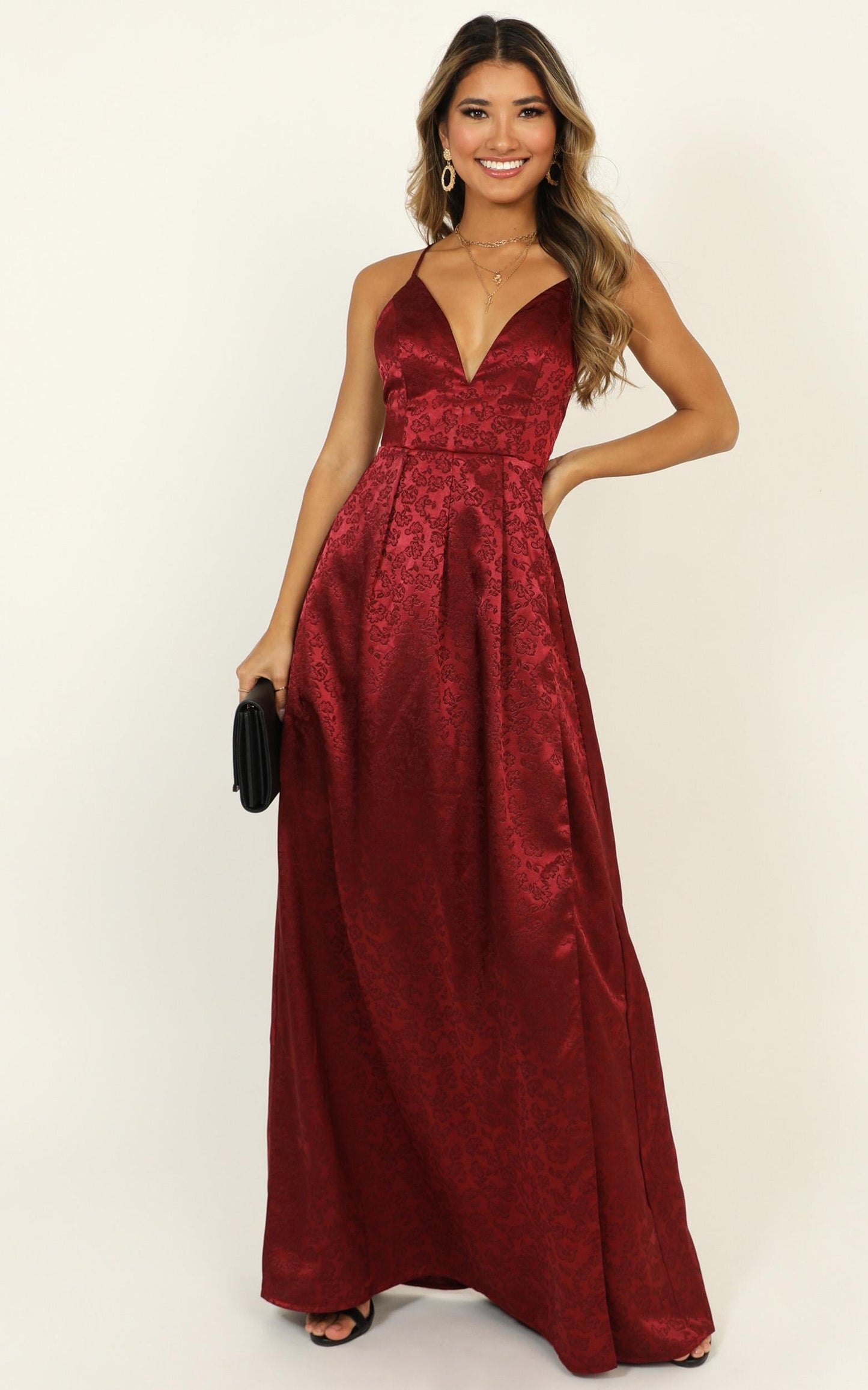 For Keeps Dress In Wine Jacquard