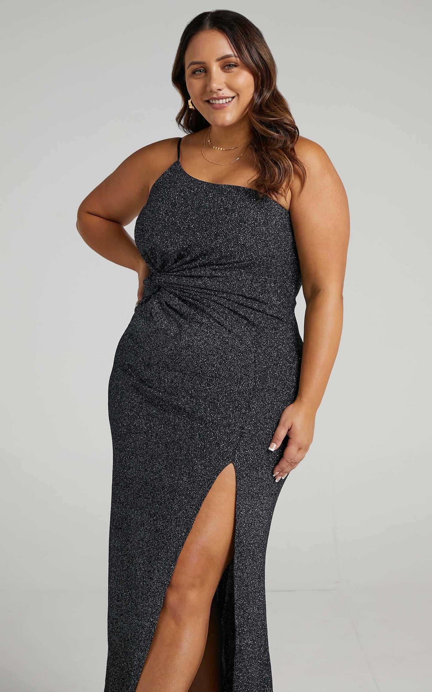 Gwen One Shoulder Maxi Dress in Black Sparkle