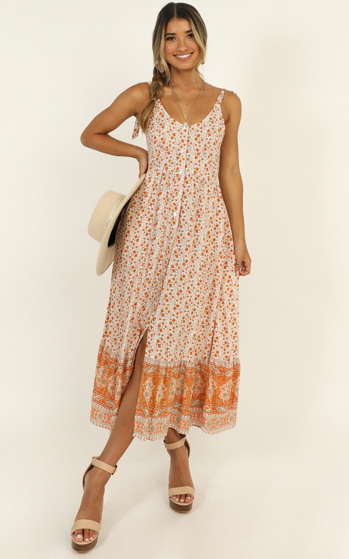 Golden Summer Midi Dress in Orange Floral