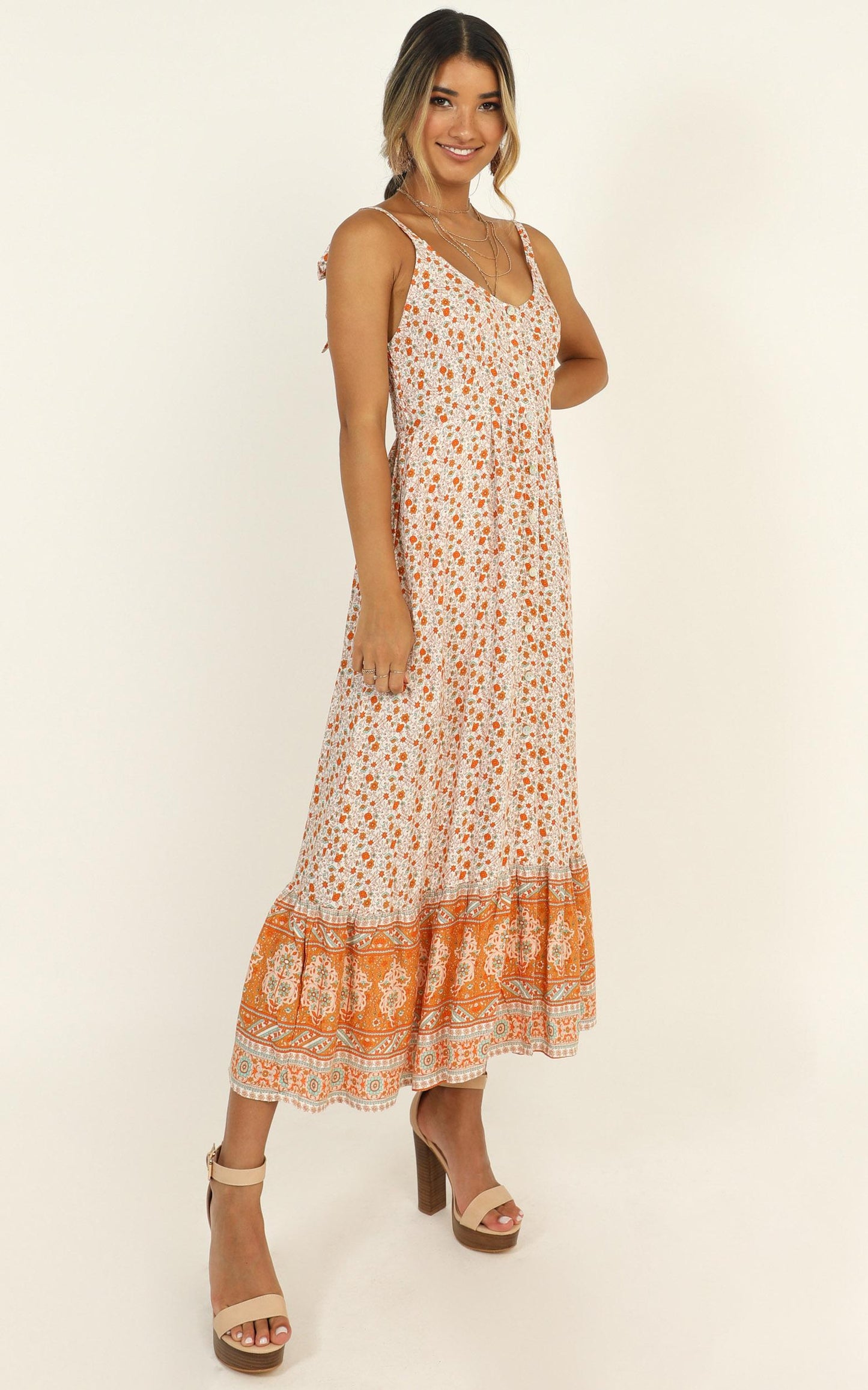 Golden Summer Midi Dress in Orange Floral