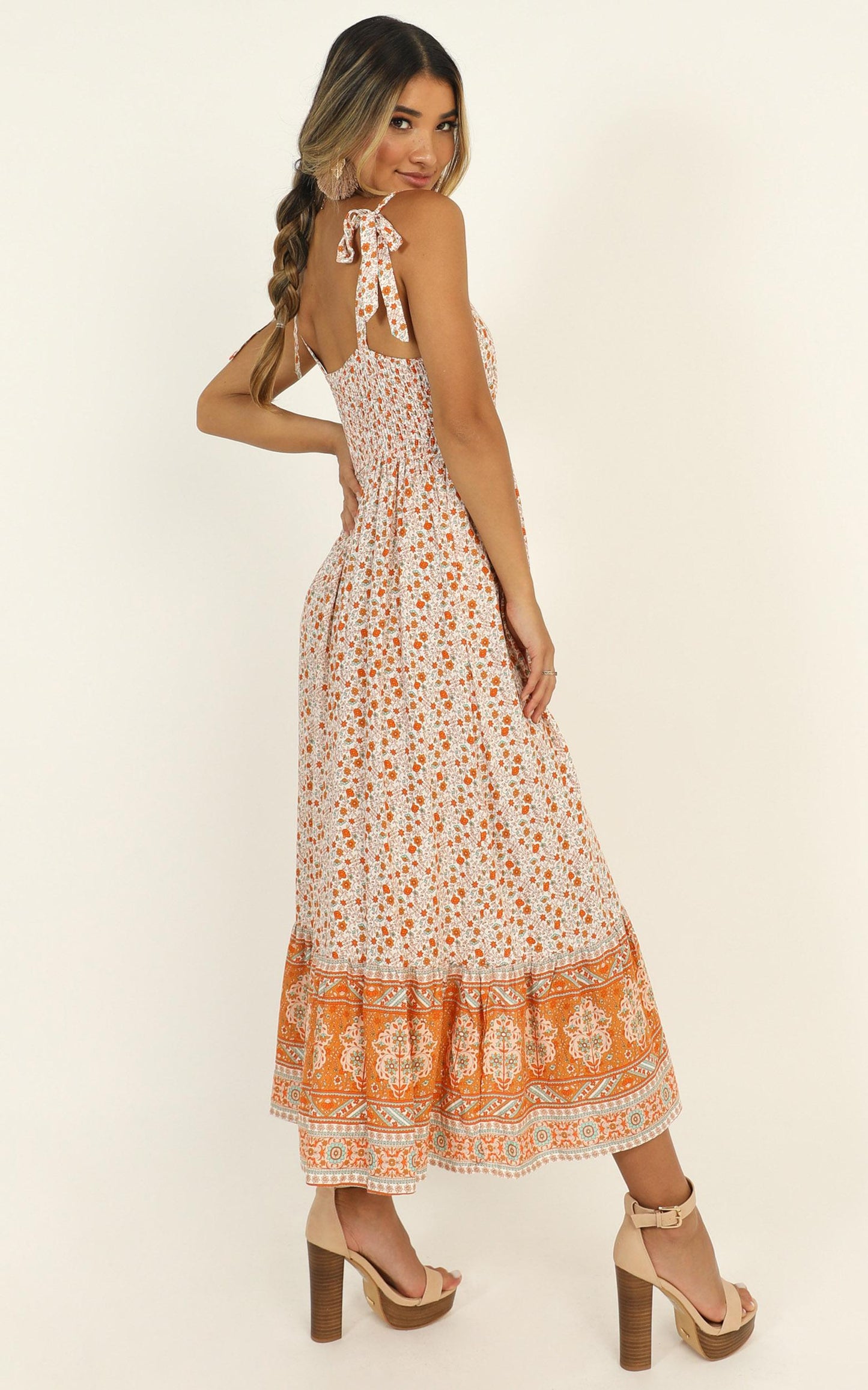 Golden Summer Midi Dress in Orange Floral