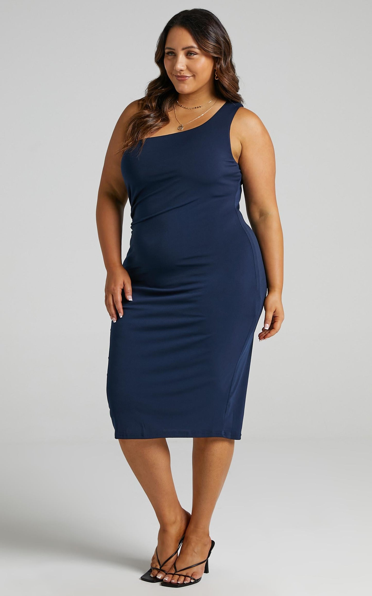 Got Me Looking Midi Dress - One Shoulder Bodycon Dress in Navy