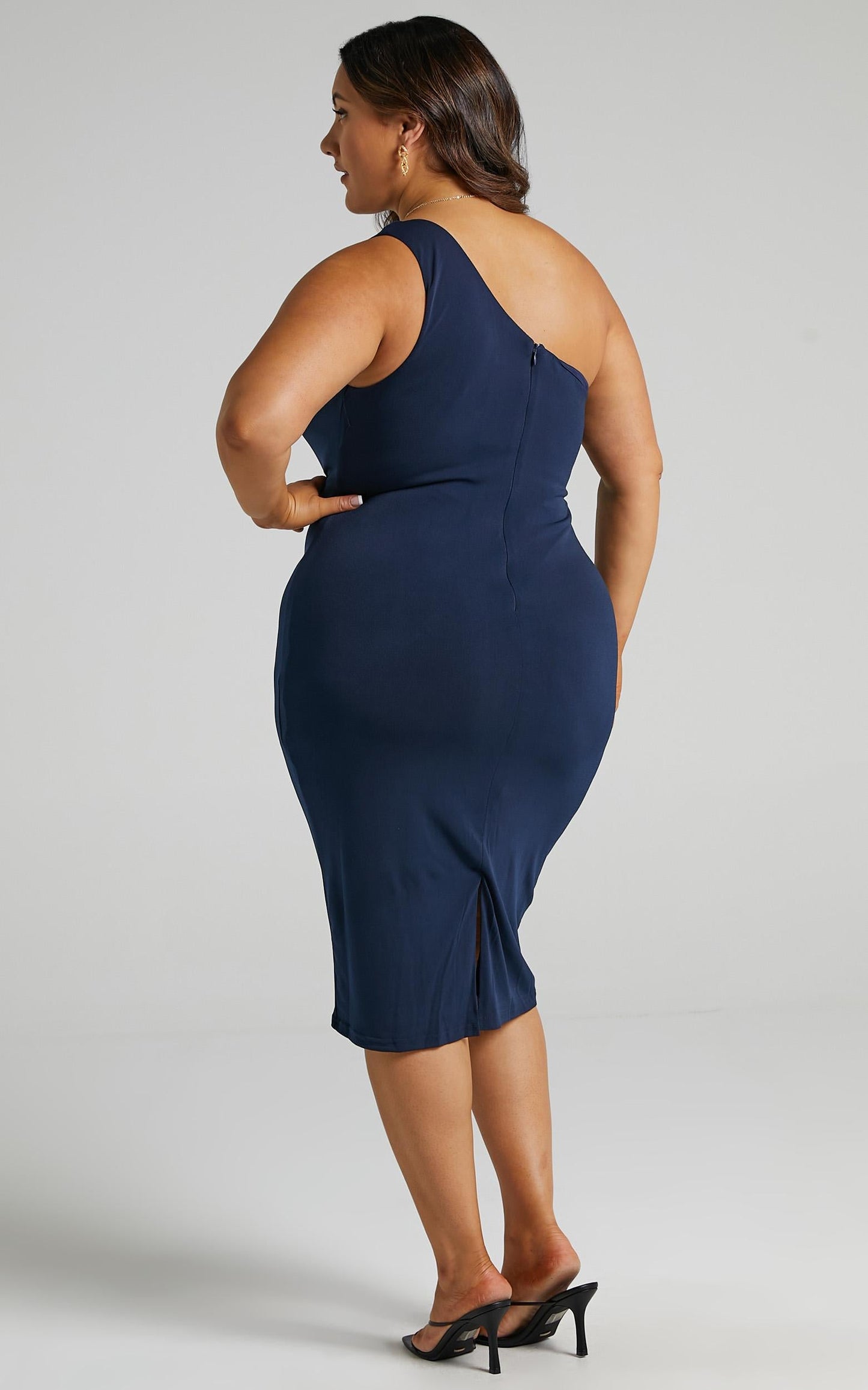 Got Me Looking Midi Dress - One Shoulder Bodycon Dress in Navy