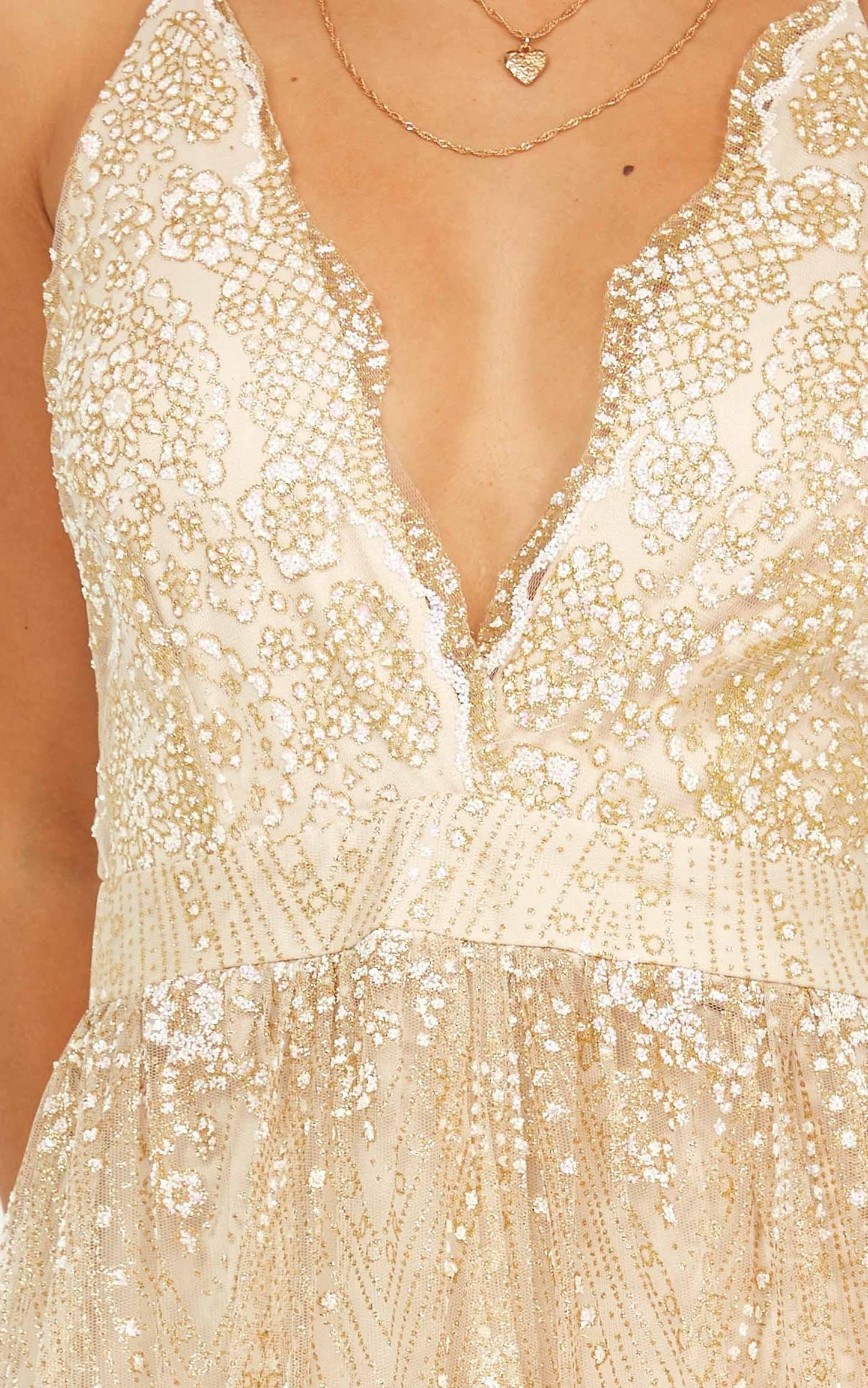 Her Crystal Eyes Maxi Dress in Gold Glitter Tulle