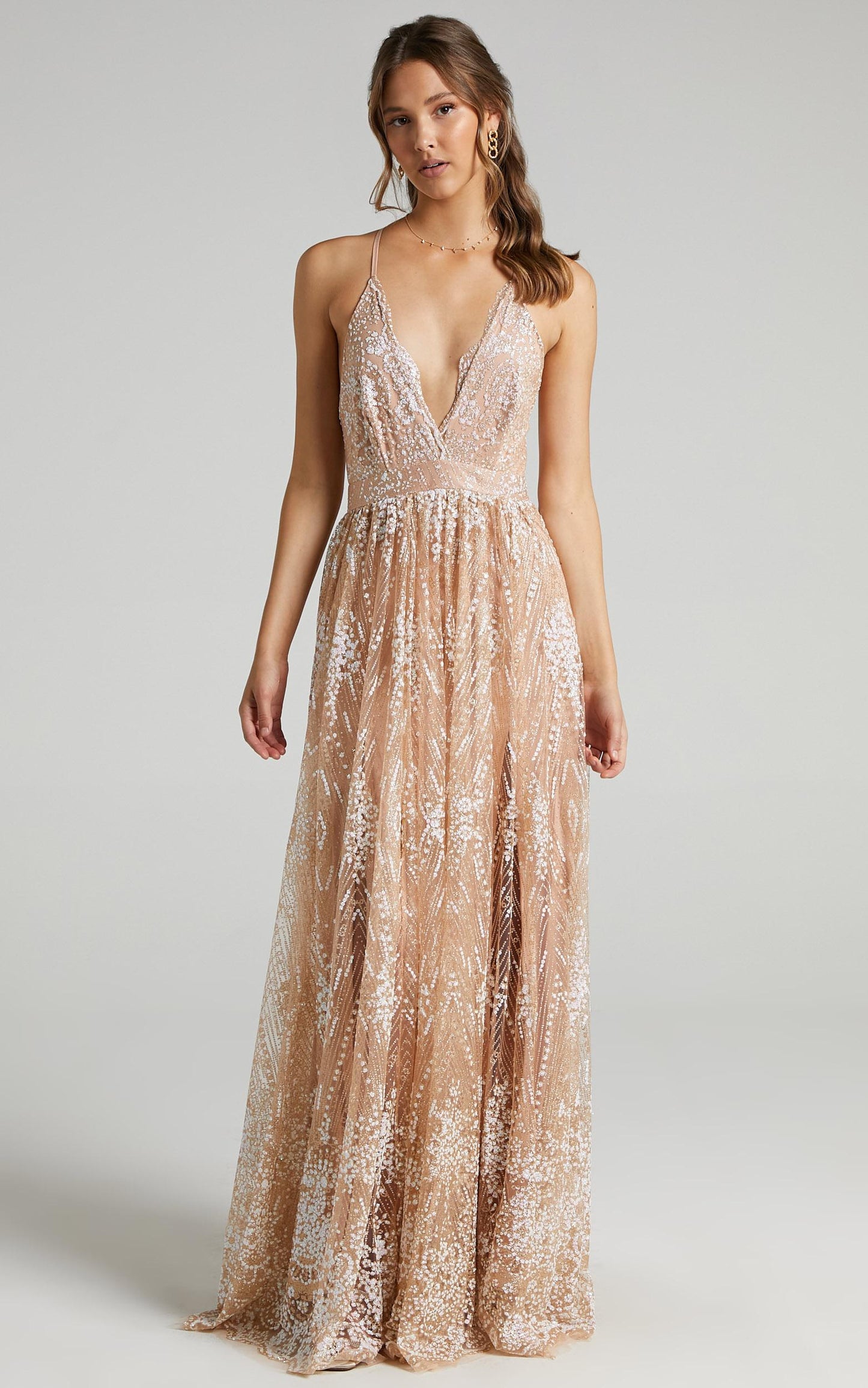 Her Crystal Eyes Maxi Dress in Rose Gold Glitter Tulle
