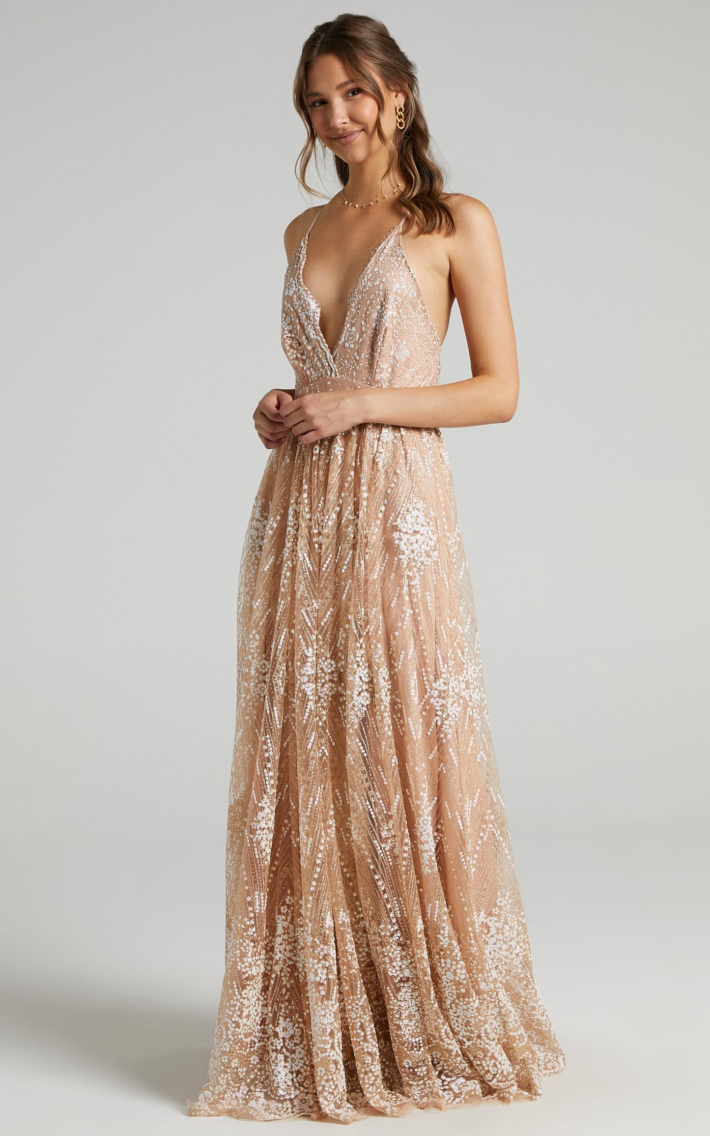 Her Crystal Eyes Maxi Dress in Rose Gold Glitter Tulle