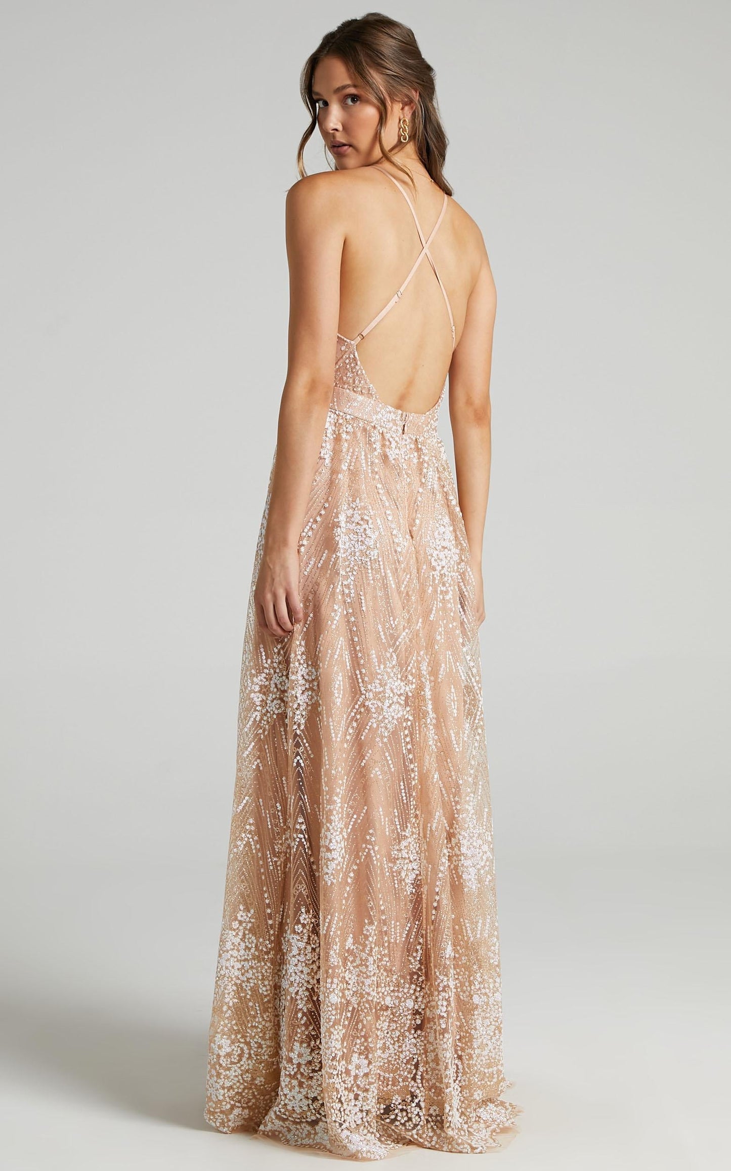 Her Crystal Eyes Maxi Dress in Rose Gold Glitter Tulle