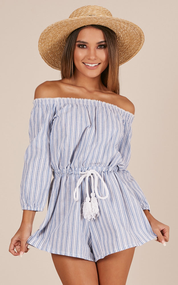 Hidden Heart Playsuit In Blue Stripe Linen Look