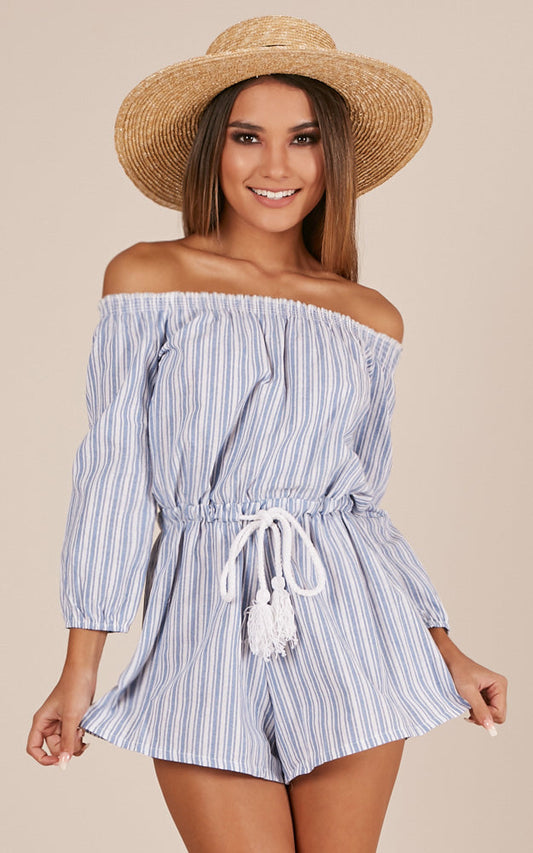 Hidden Heart Playsuit In Blue Stripe Linen Look