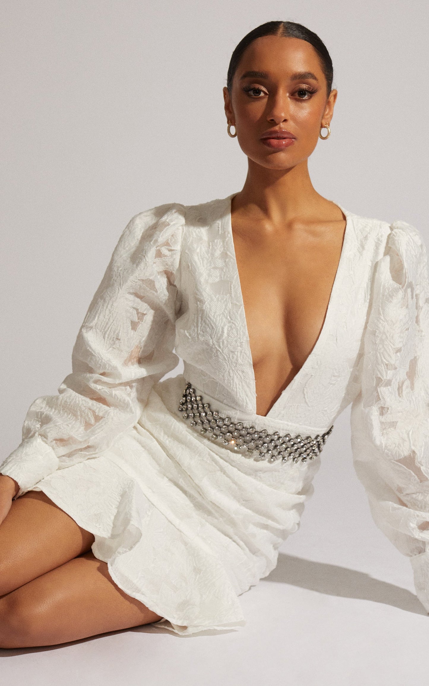 Baxia Mini Dress - Textured Balloon Sleeve Dress in White