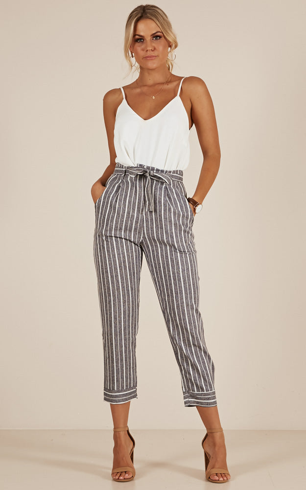 I Belong With You Pants In Grey Stripe Linen Look