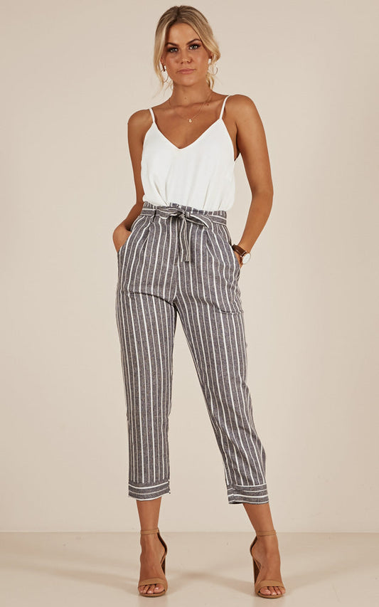 I Belong With You Pants In Grey Stripe Linen Look