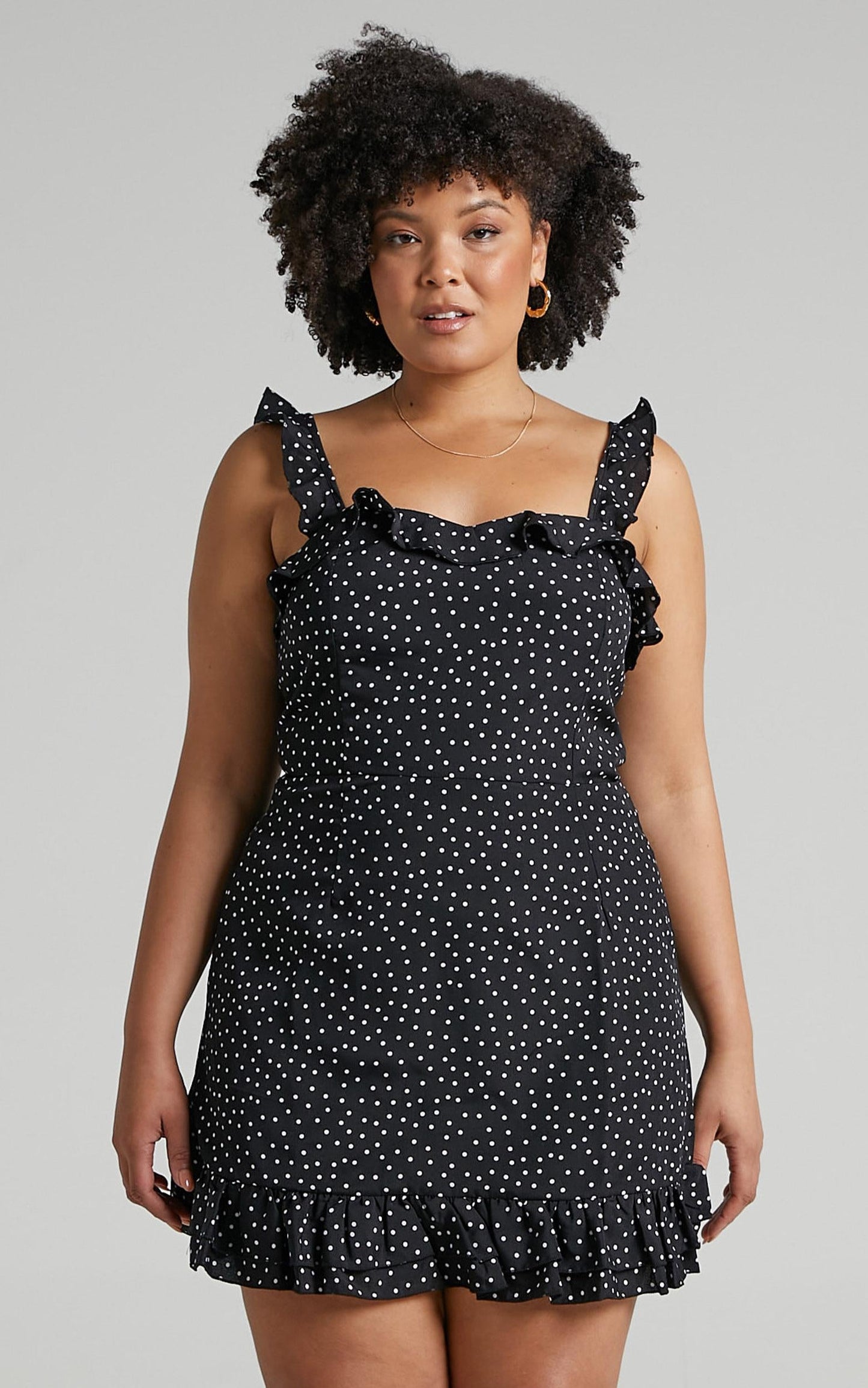 Imagination Galore Ruffle Detail Mini Dress in Black Spot
