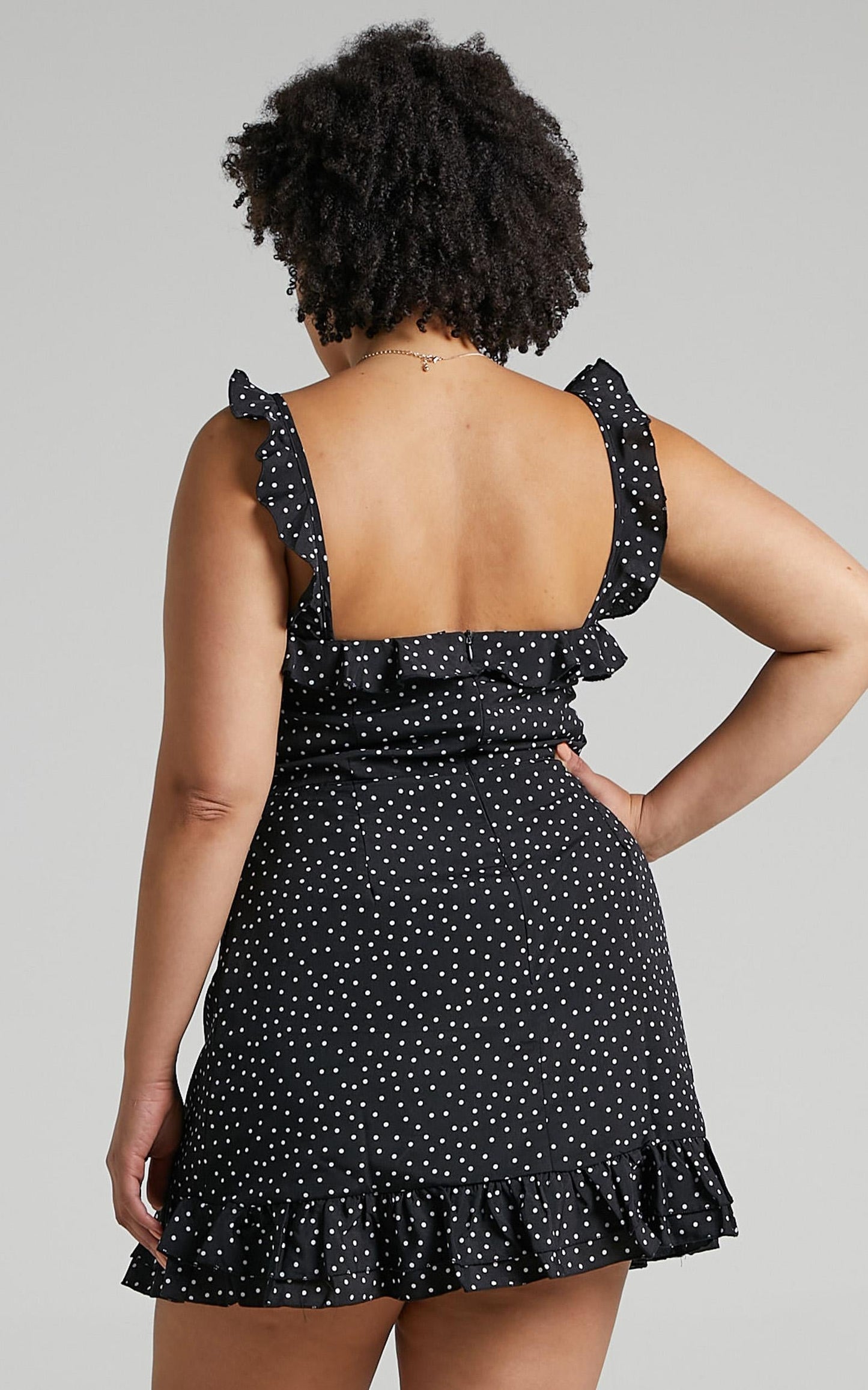 Imagination Galore Ruffle Detail Mini Dress in Black Spot
