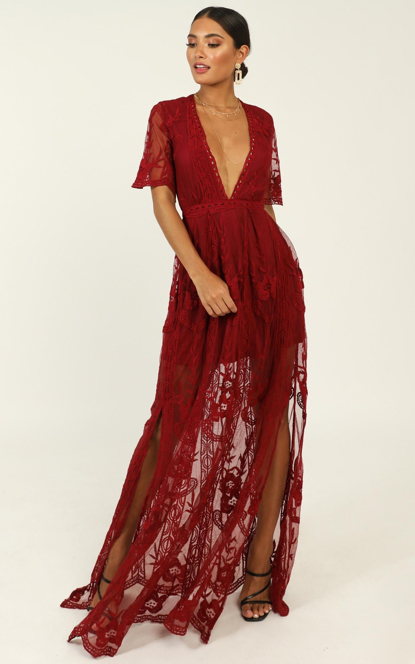Love Spell Maxi Dress In Wine Lace