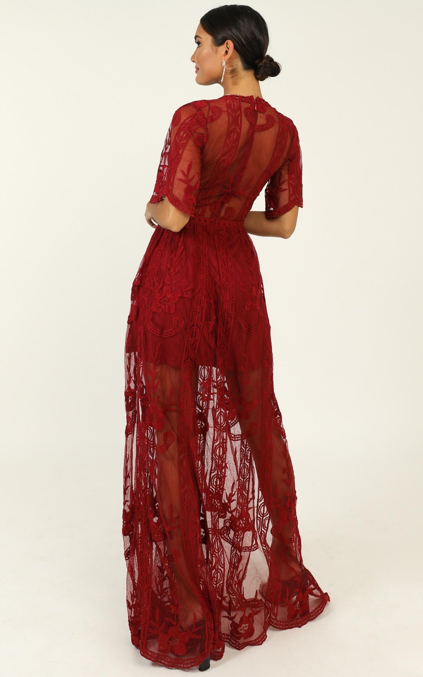 Love Spell Maxi Dress In Wine Lace