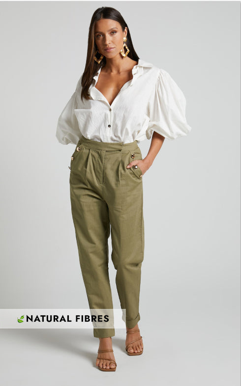 Amalie The Label - Mael Linen Look Blend High Waisted Tapered Pants in Khaki
