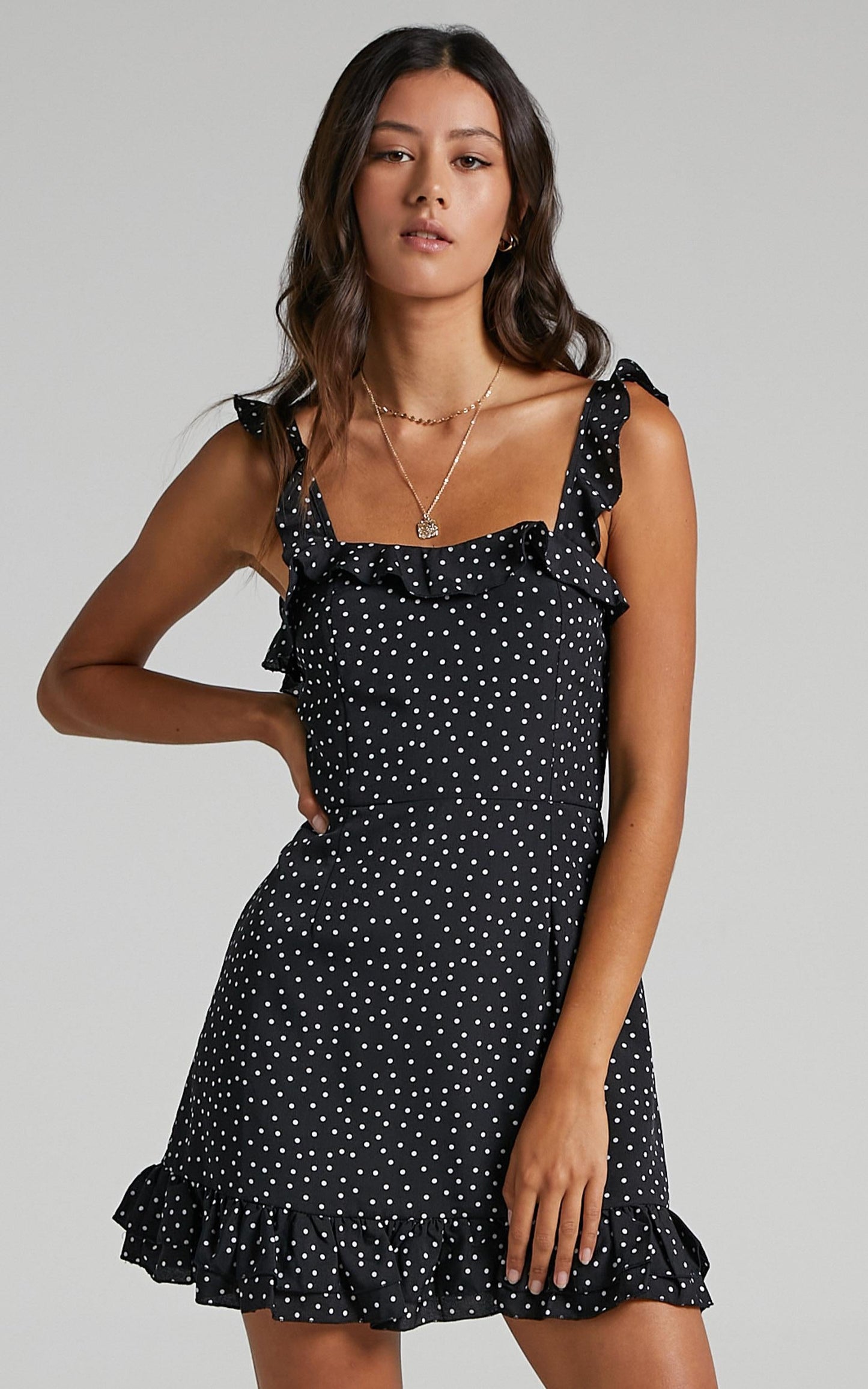 Imagination Galore Ruffle Detail Mini Dress in Black Spot