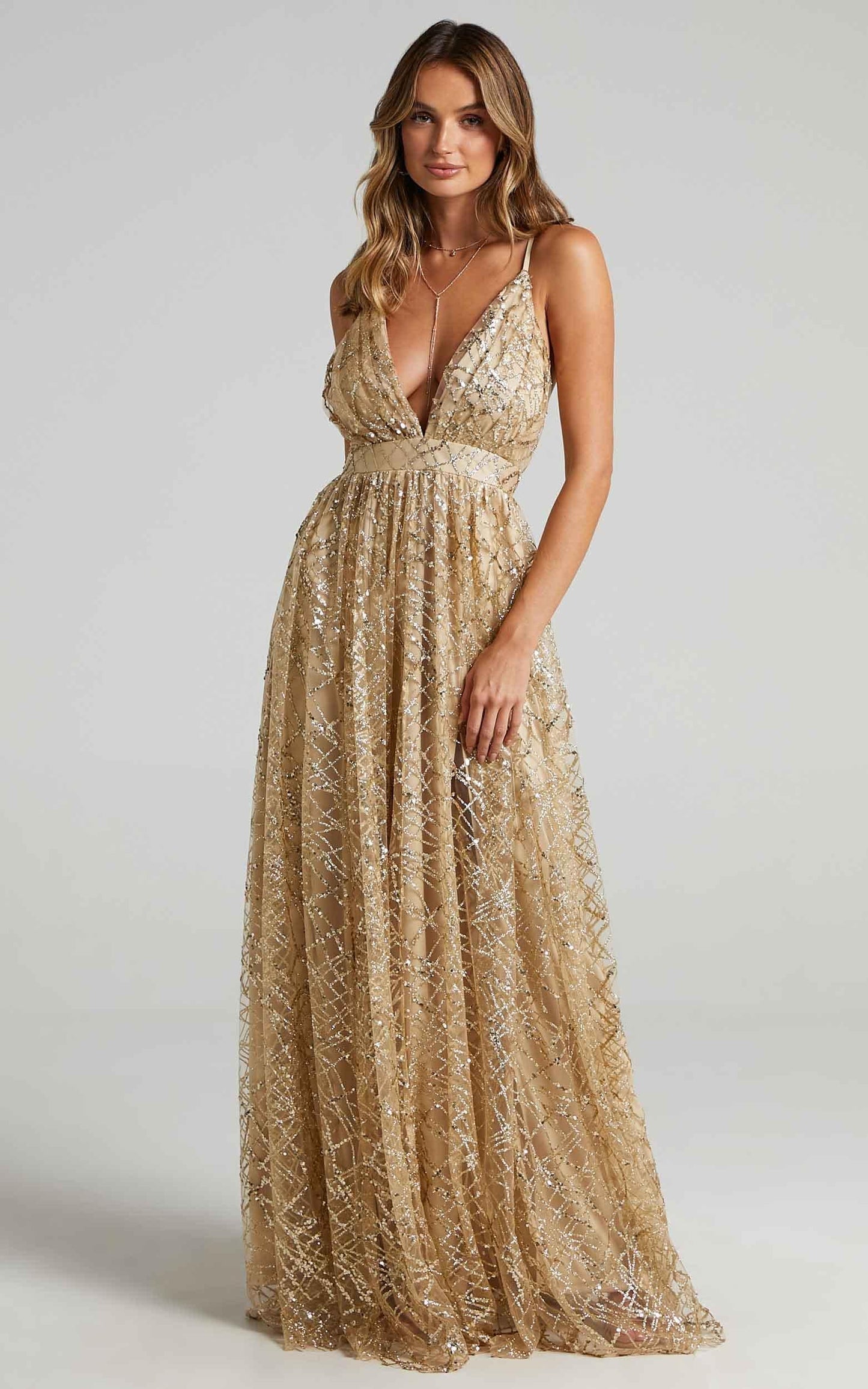 Eternal Sunshine Maxi Dress - Cross Back Plunge Neck Dress in Gold Sequin Tulle