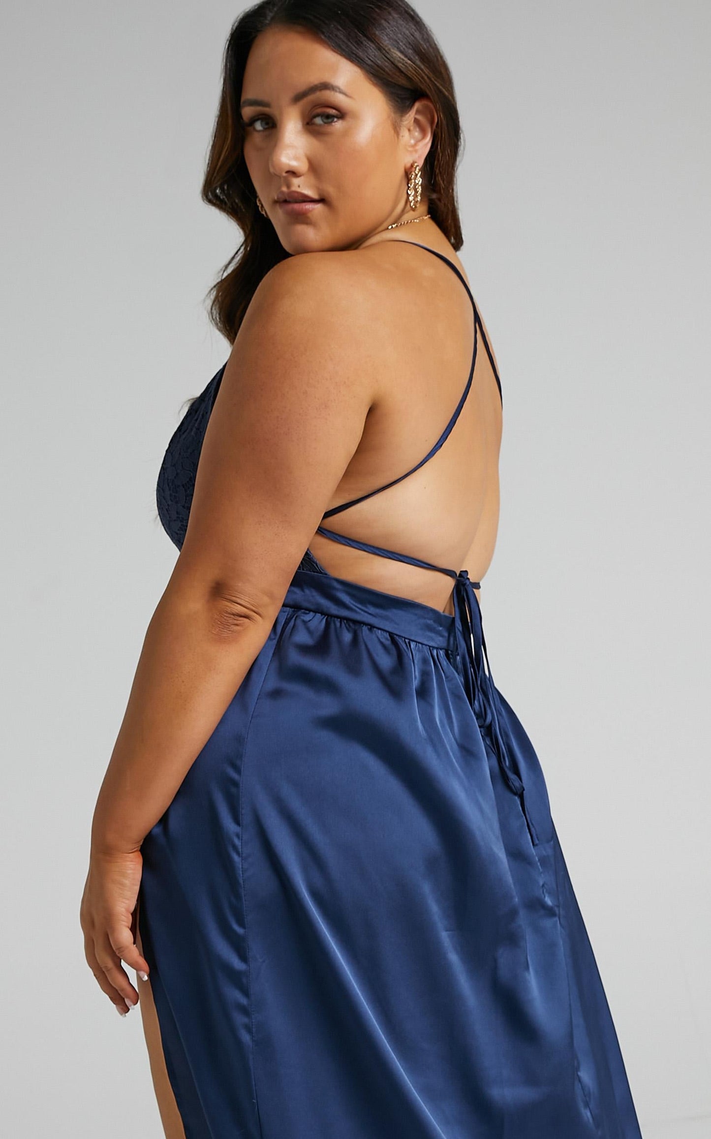Inspired Tribe Plunge Neckline Thigh Split Maxi Dress in Navy