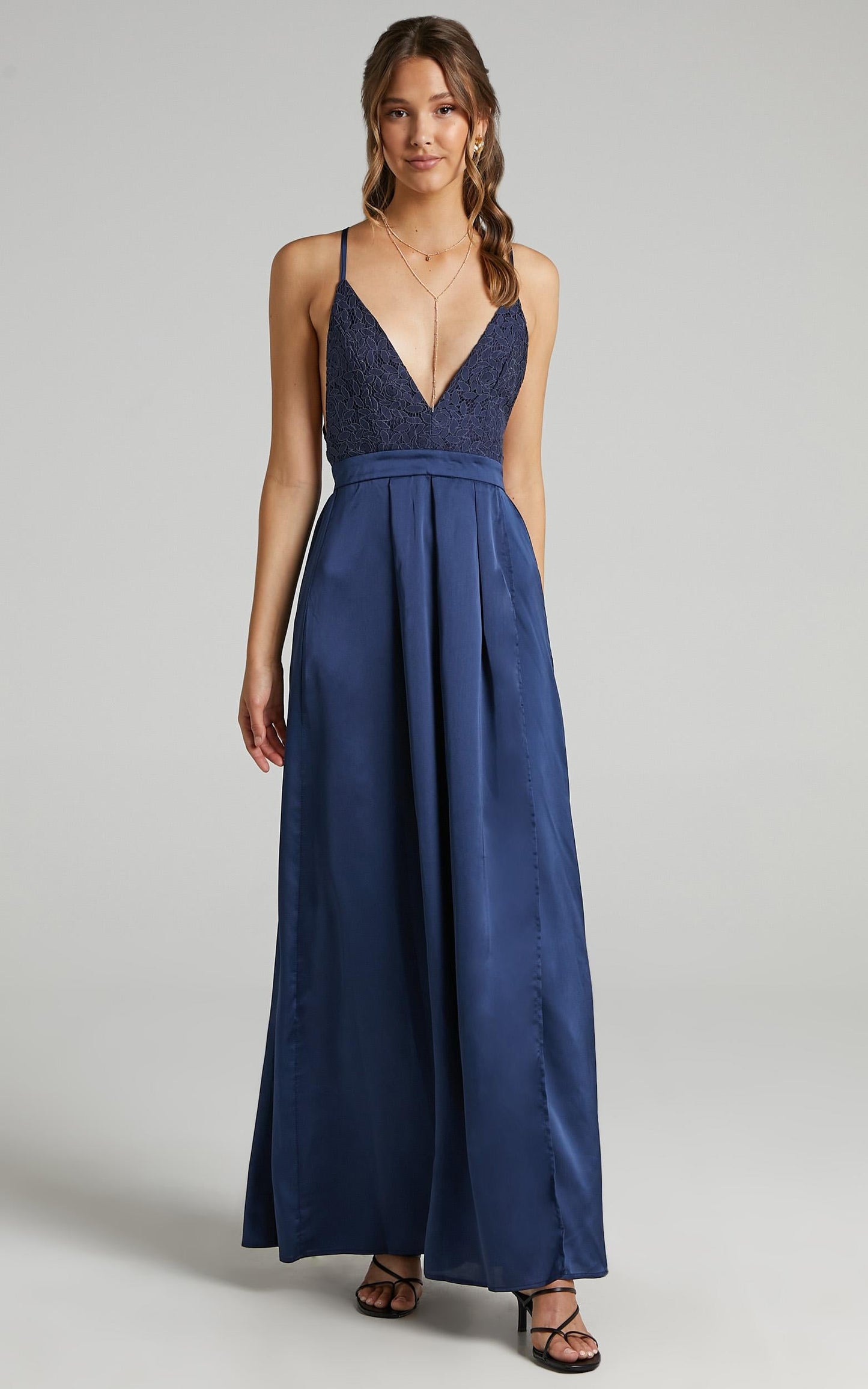 Inspired Tribe Plunge Neckline Thigh Split Maxi Dress in Navy