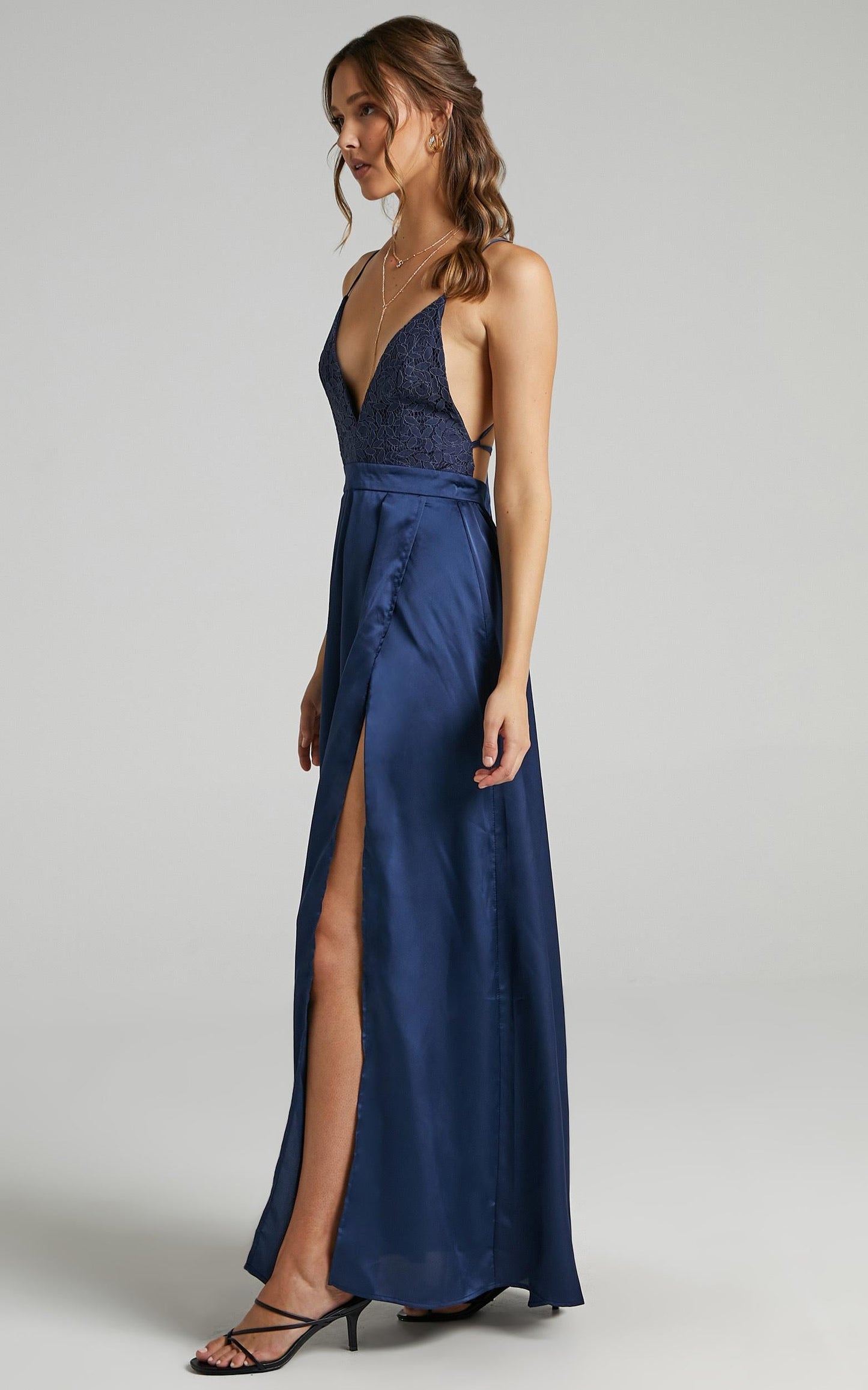 Inspired Tribe Plunge Neckline Thigh Split Maxi Dress in Navy