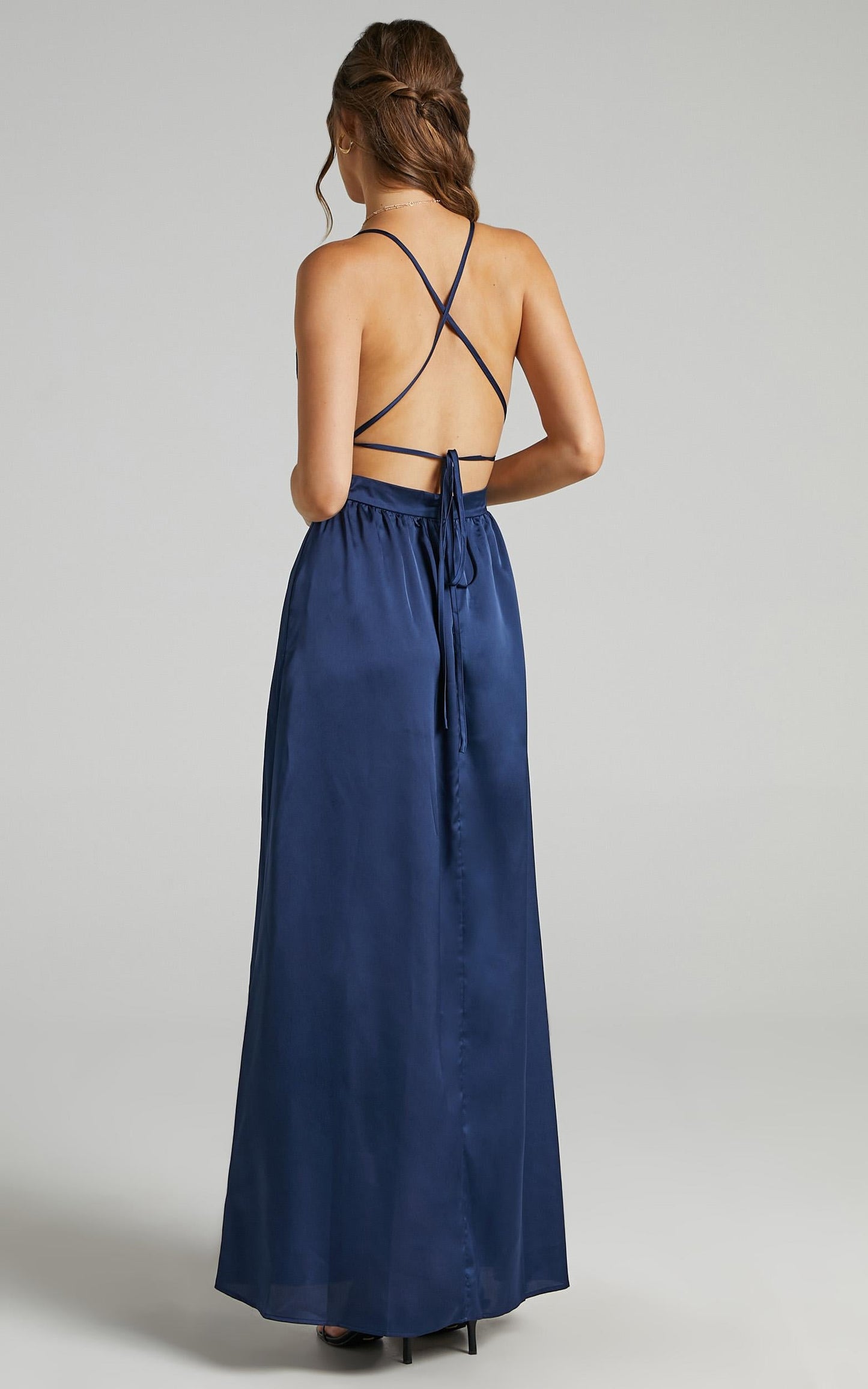 Inspired Tribe Plunge Neckline Thigh Split Maxi Dress in Navy