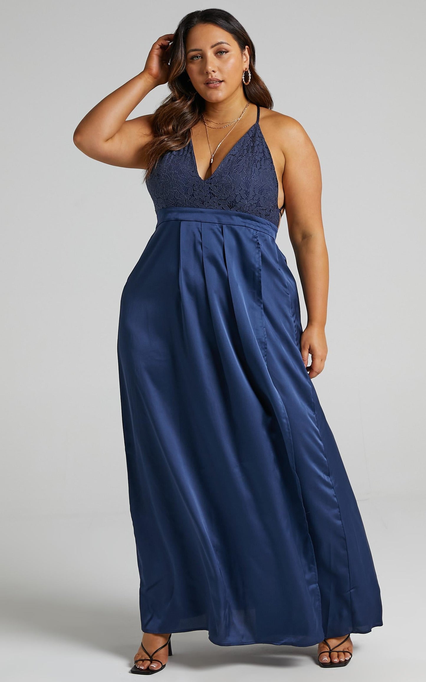 Inspired Tribe Plunge Neckline Thigh Split Maxi Dress in Navy