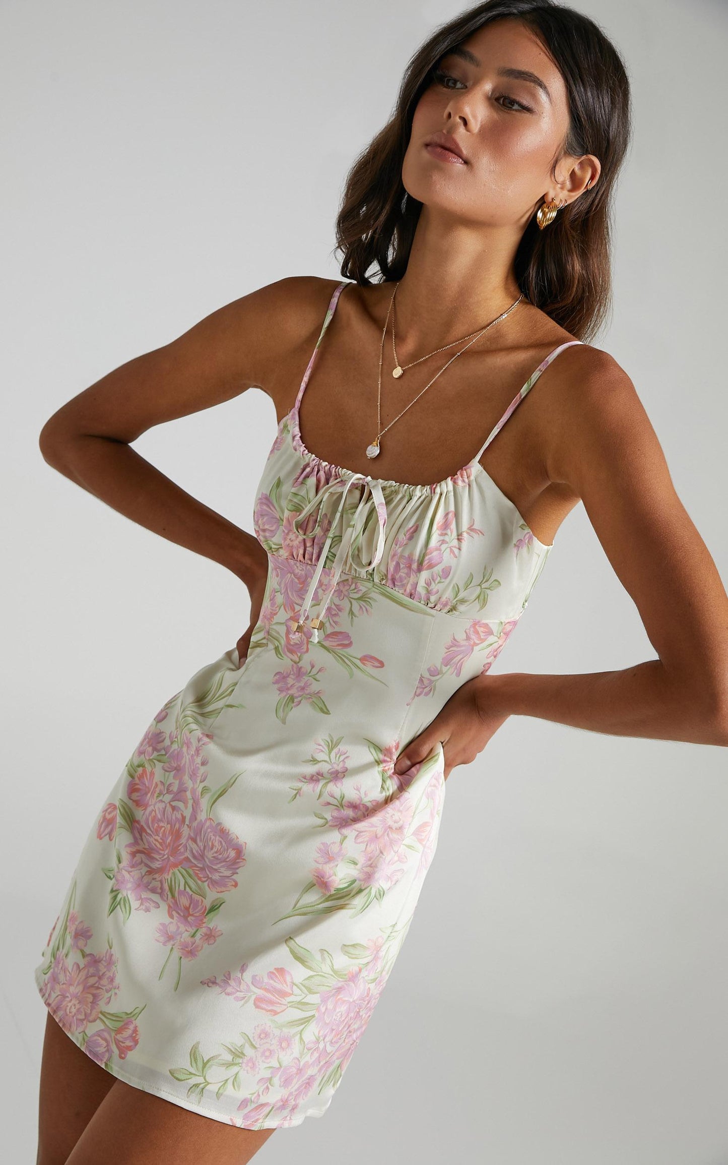 Ive Got You Now Dress in Cream Floral Satin