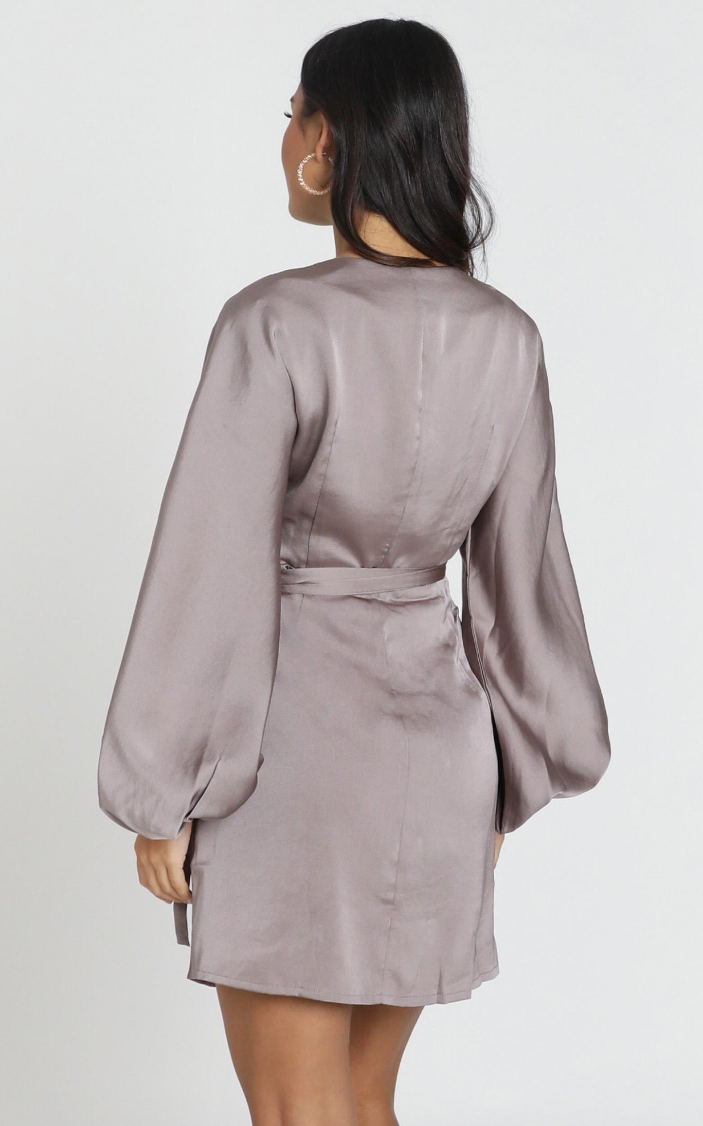 Kassandra Long Sleeve Mini Dress in taupe satin
