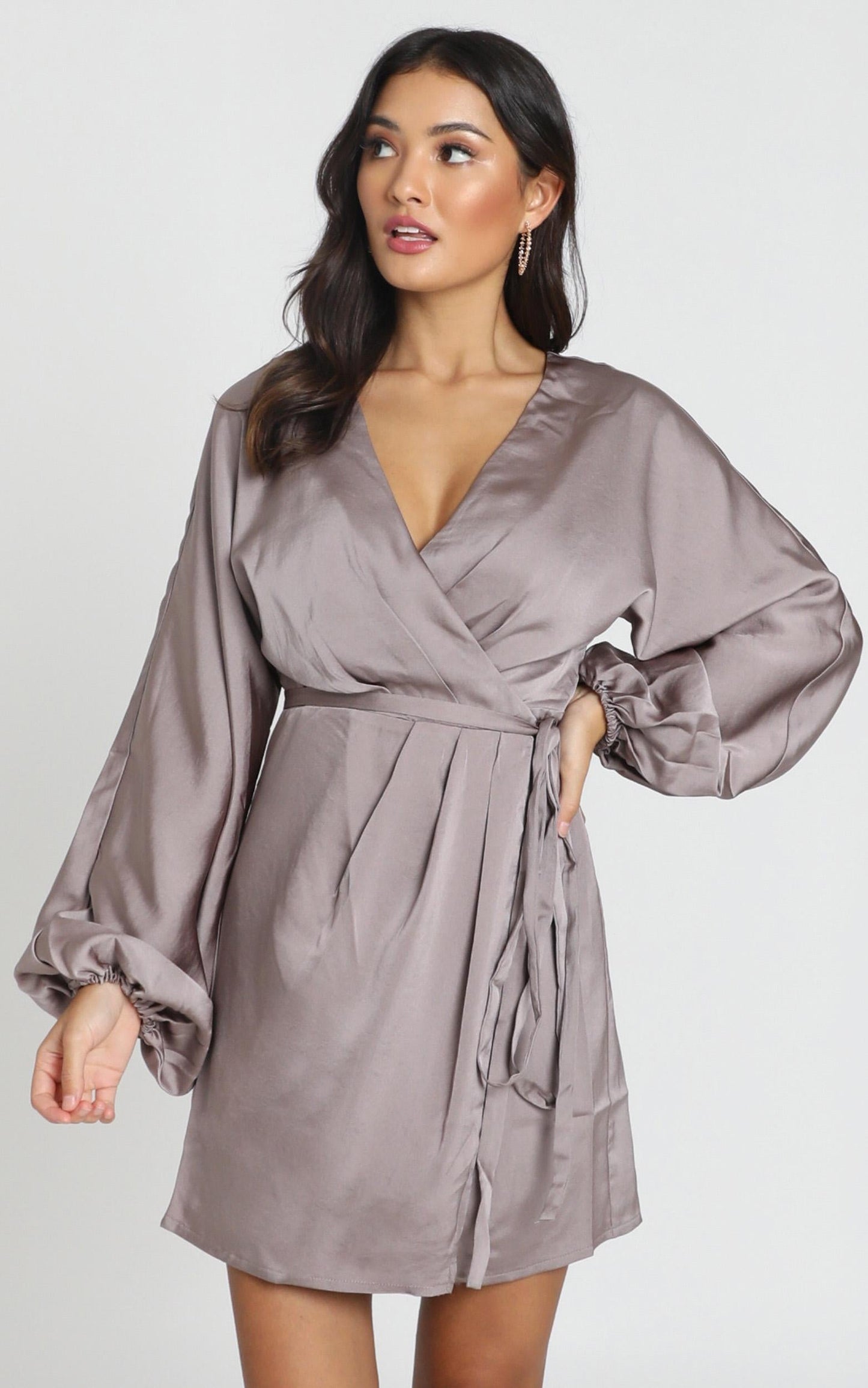 Kassandra Long Sleeve Mini Dress in taupe satin