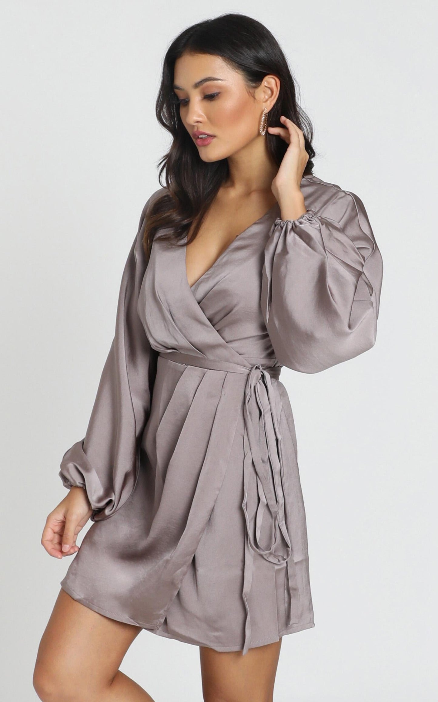 Kassandra Long Sleeve Mini Dress in taupe satin