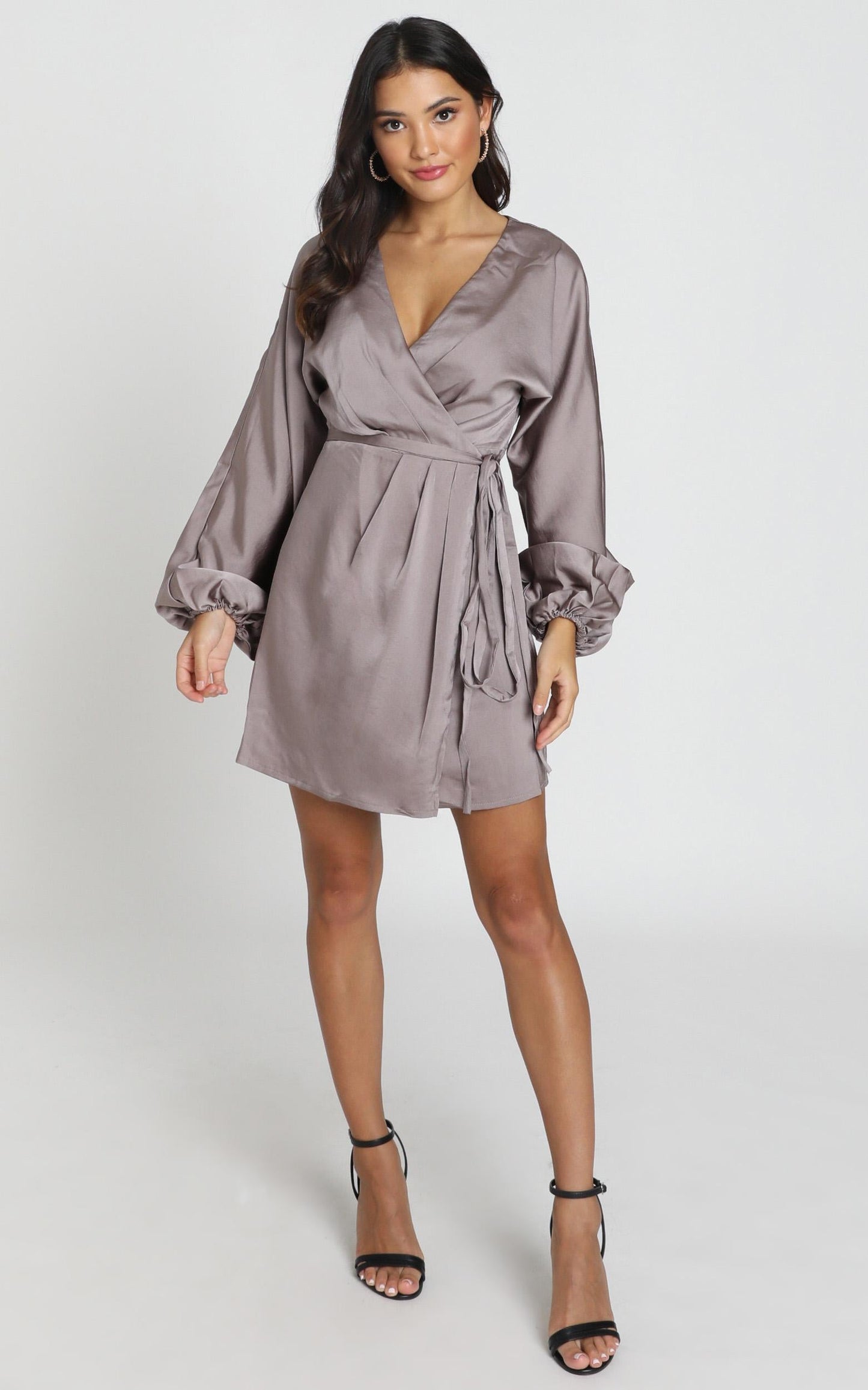 Kassandra Long Sleeve Mini Dress in taupe satin