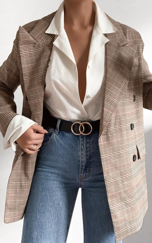 Kimmy Power Blazer in Beige Check