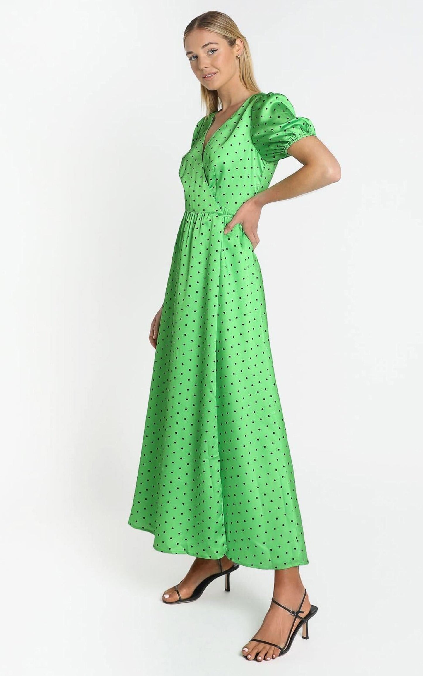 Kori Midi Dress in Green Polka