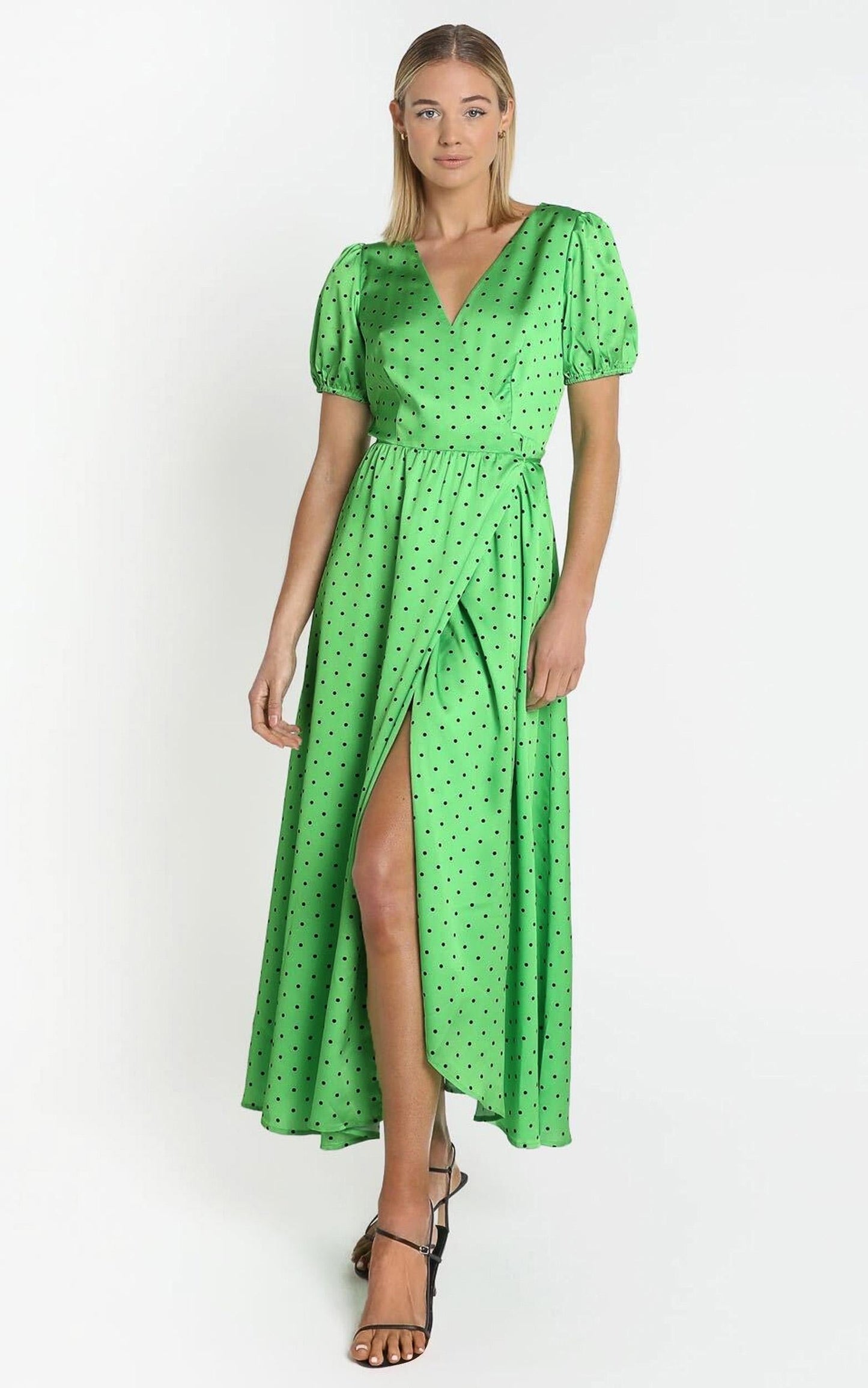 Kori Midi Dress in Green Polka