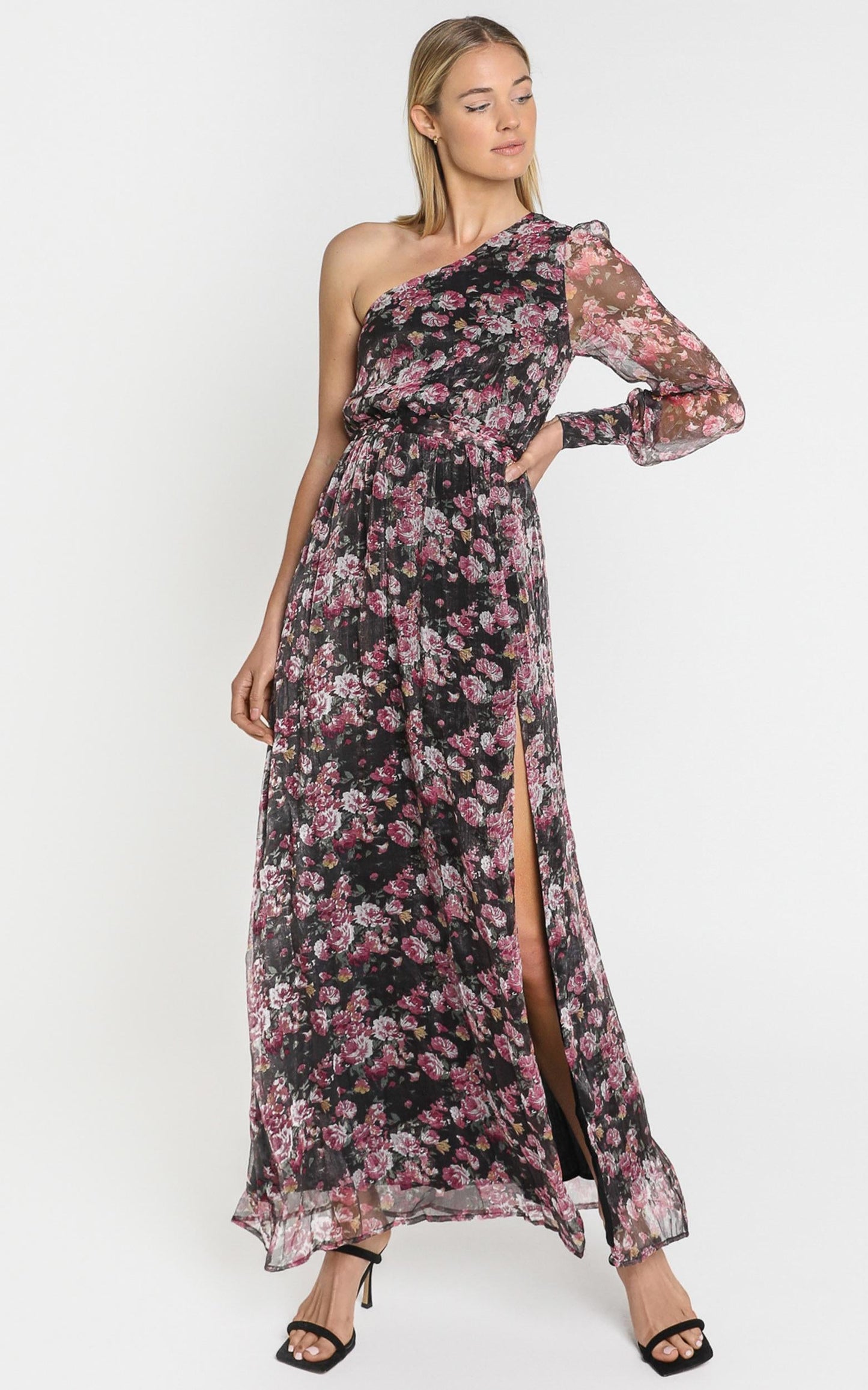 Leona One Shoulder Maxi Dress In romantic black floral