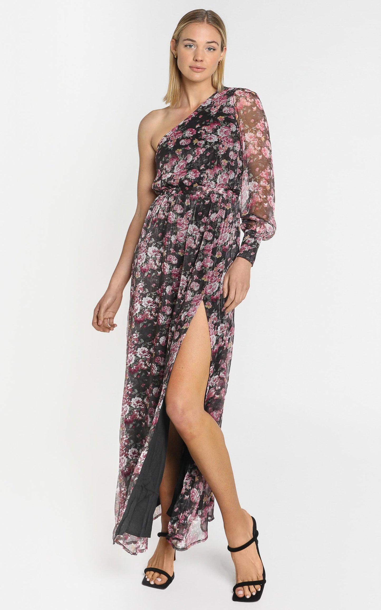 Leona One Shoulder Maxi Dress In romantic black floral