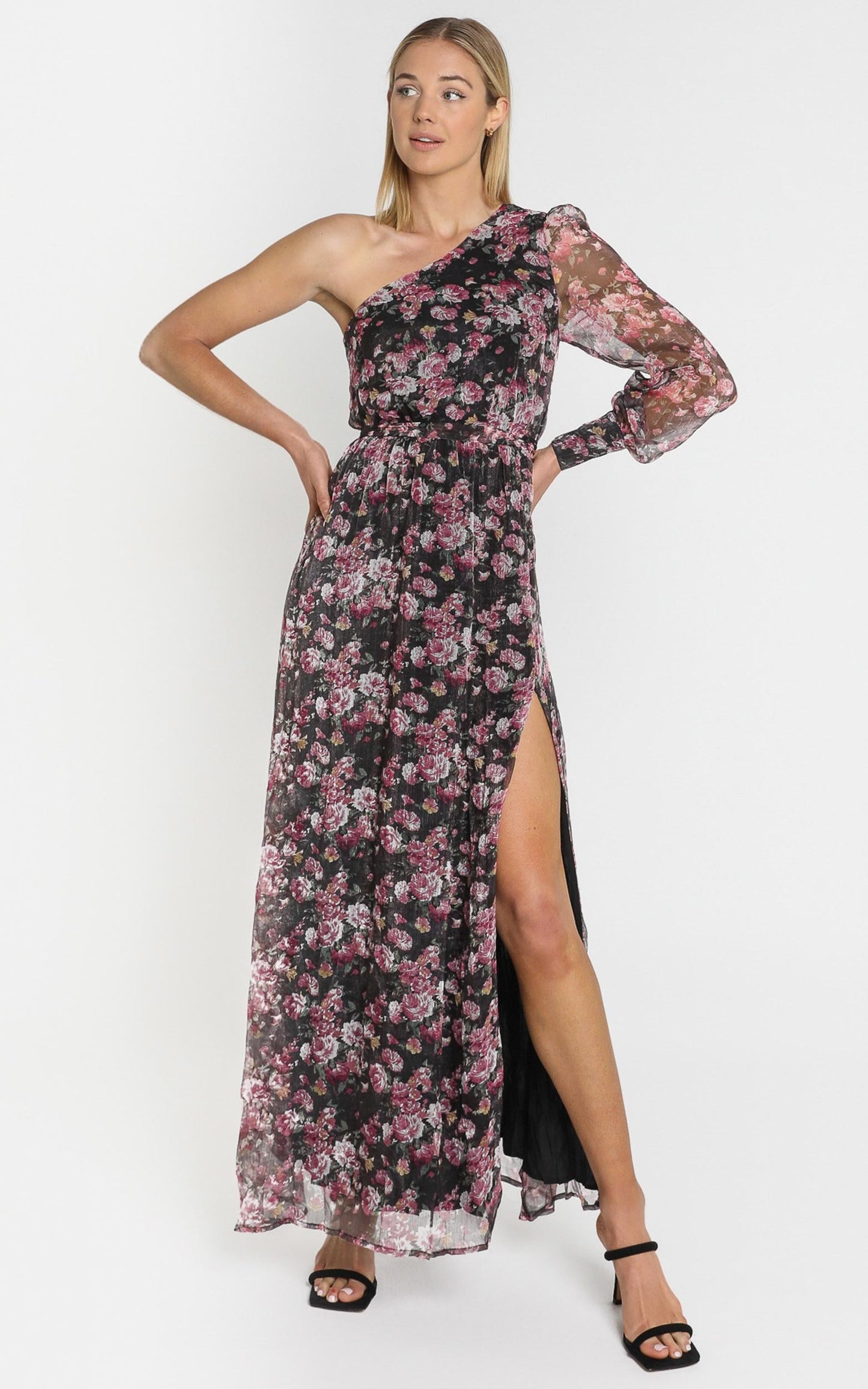 Leona One Shoulder Maxi Dress In romantic black floral
