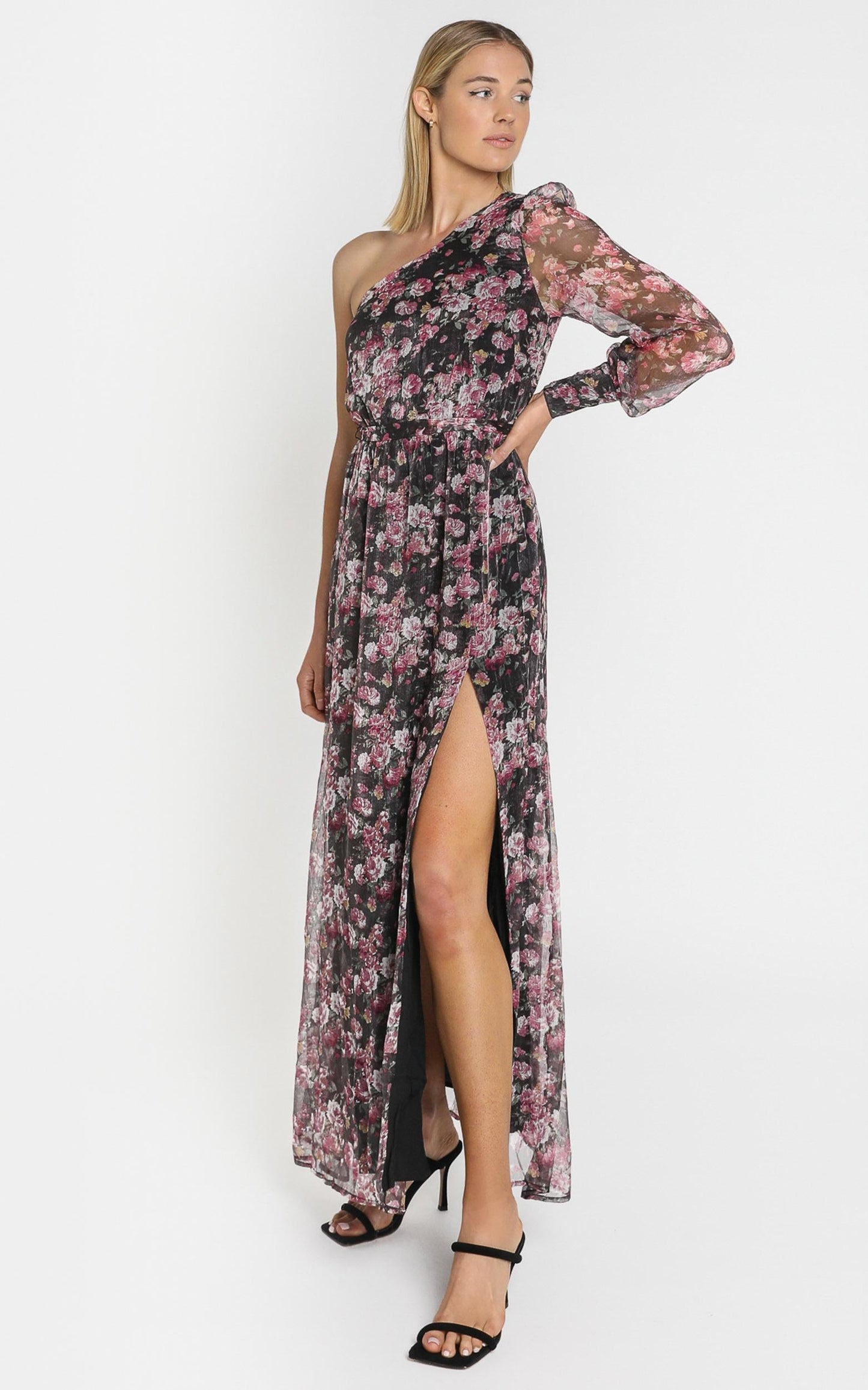 Leona One Shoulder Maxi Dress In romantic black floral