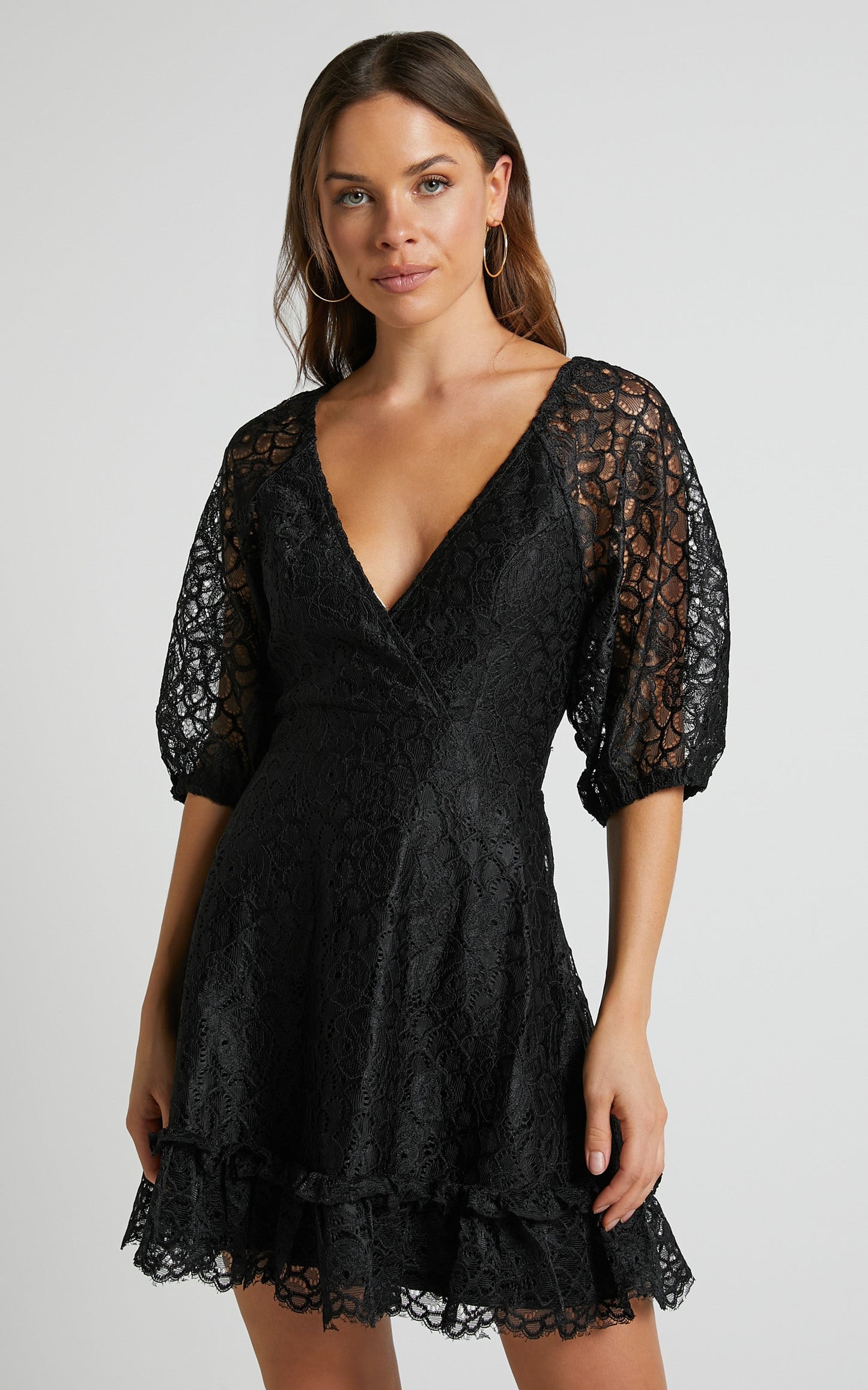 lhind puff sleeve lace mini dress in Black