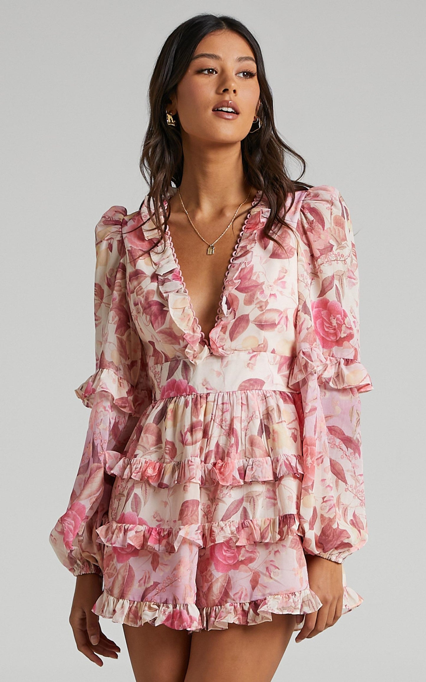 Liadi Playsuit - Longsleeve Plunge Playsuit in Soft Floral